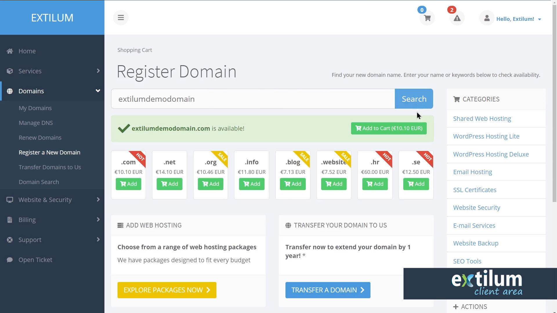 Extilum Client Area - Register a New domain