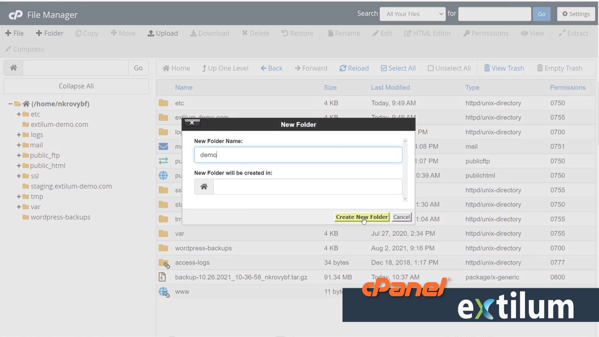 Extilum cPanel - File Manager - Create a new File or New Folder