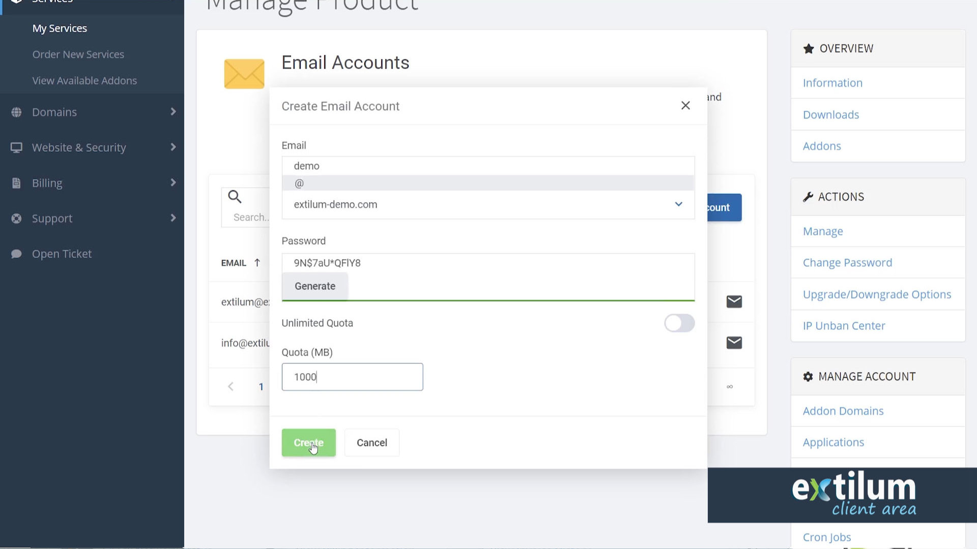 Extilum Client Area - Create Email Account