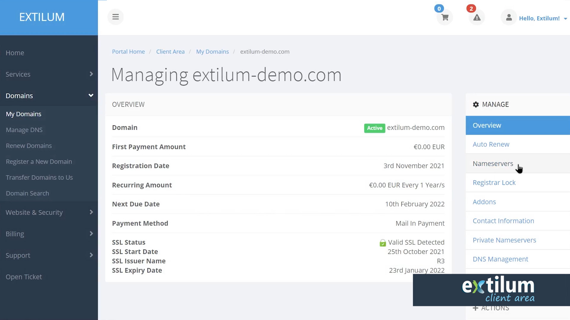 Extilum Client Area - Change nameservers