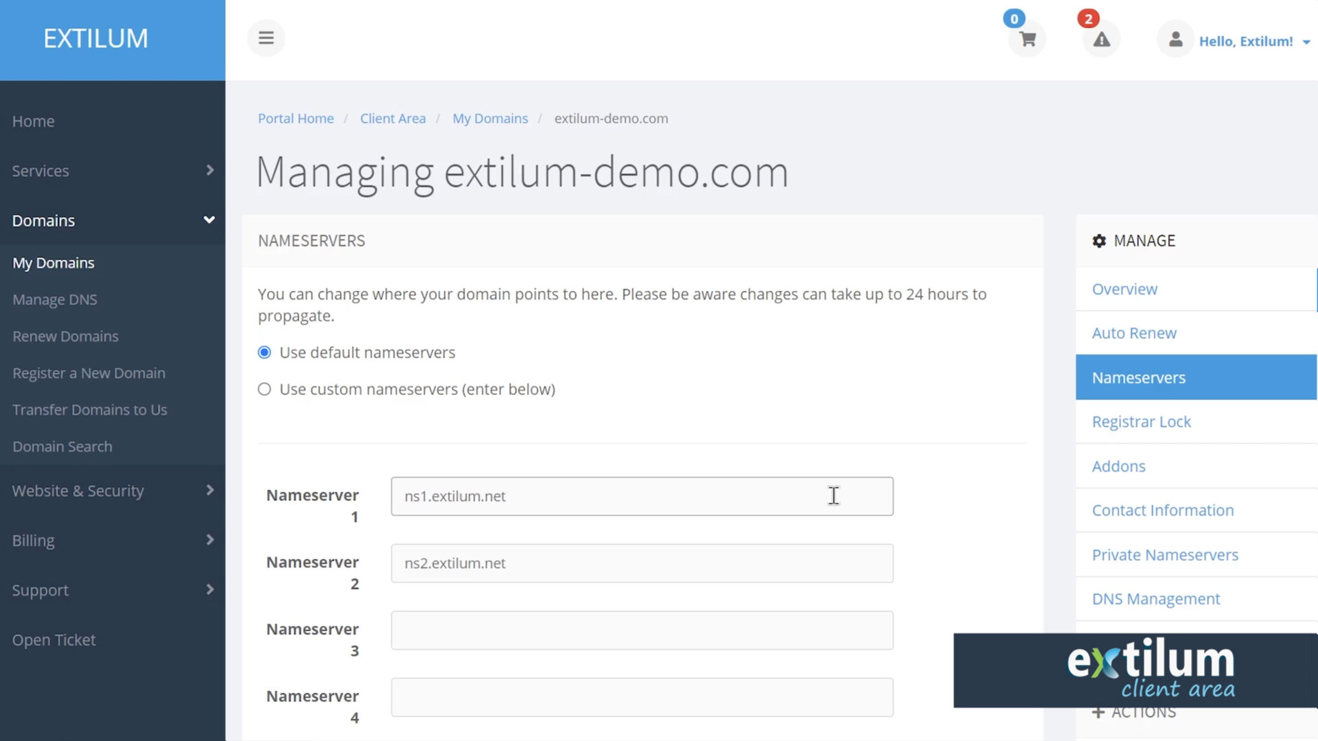 Extilum Client Area - Change nameservers