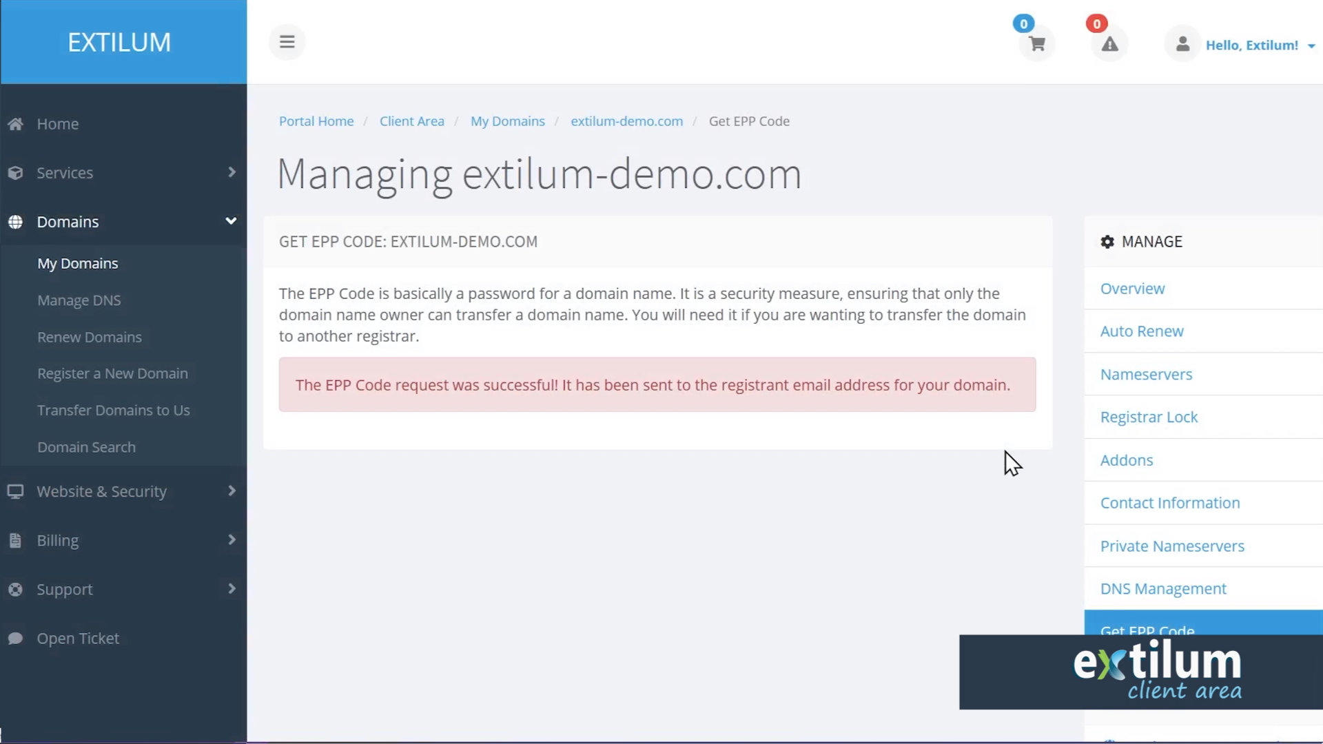 Extilum Client Area - EPP code