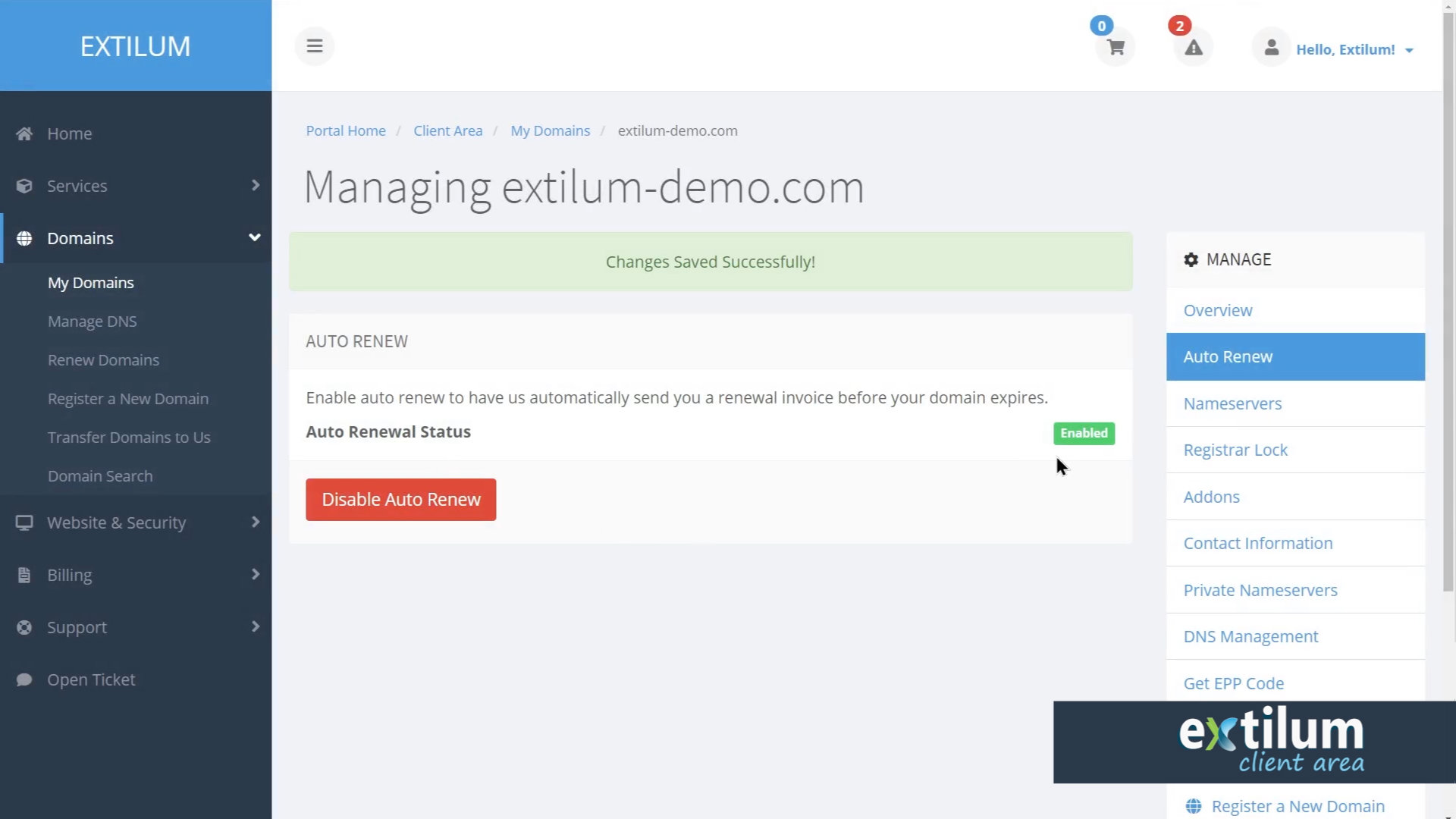 Extilum Client Area - Automatic renew