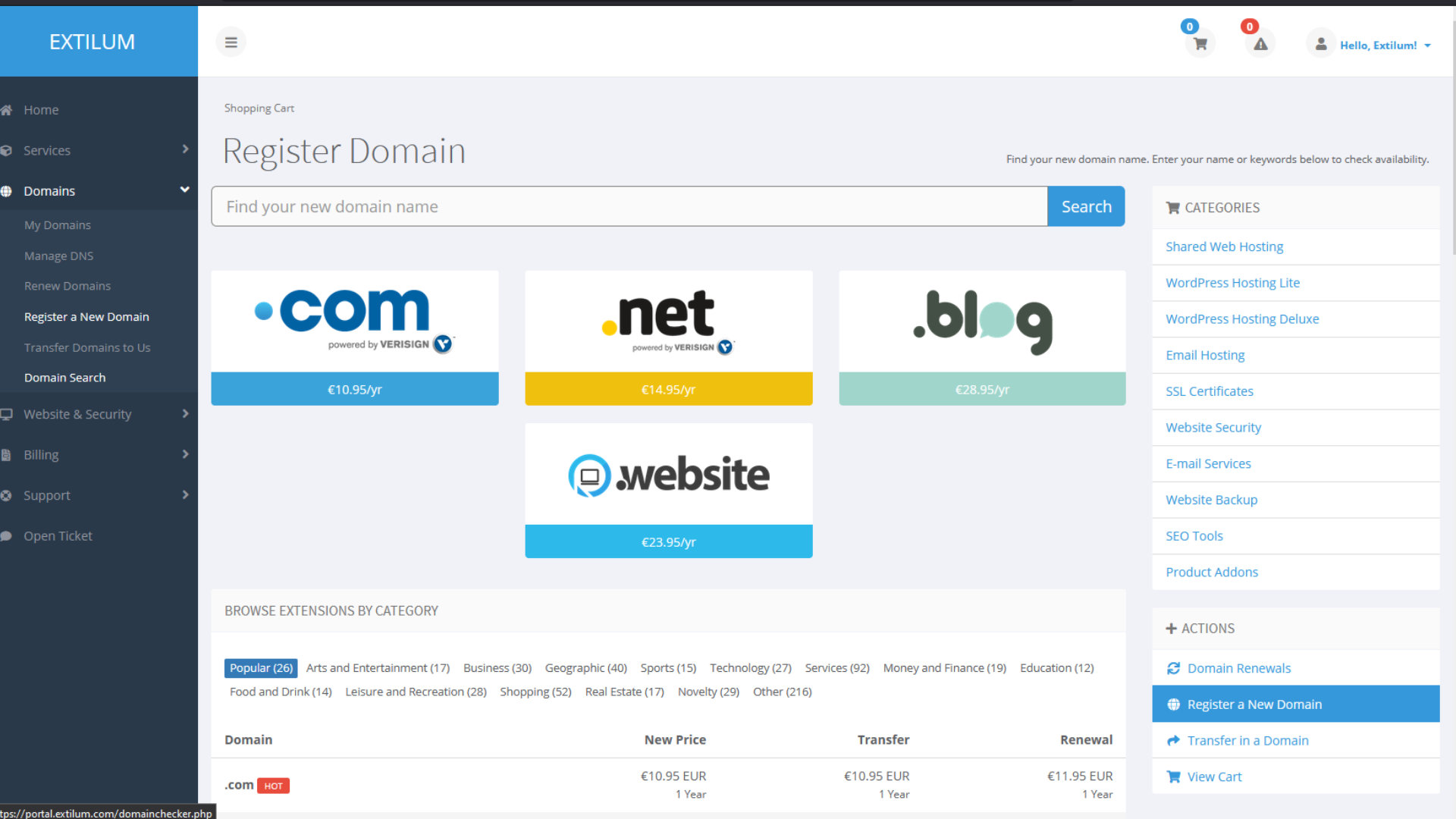 Extilum Client Area - Search Domain