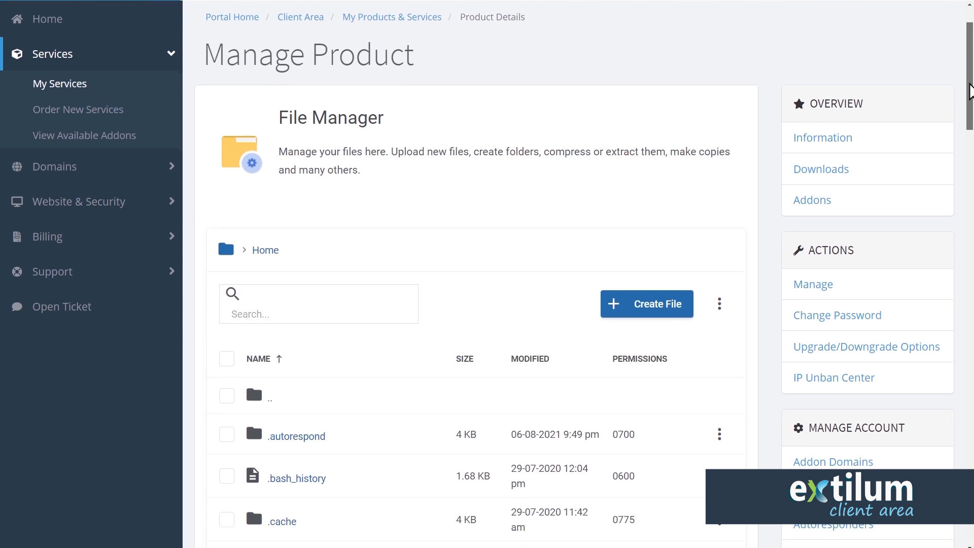 Extilum Client Area - File Manager