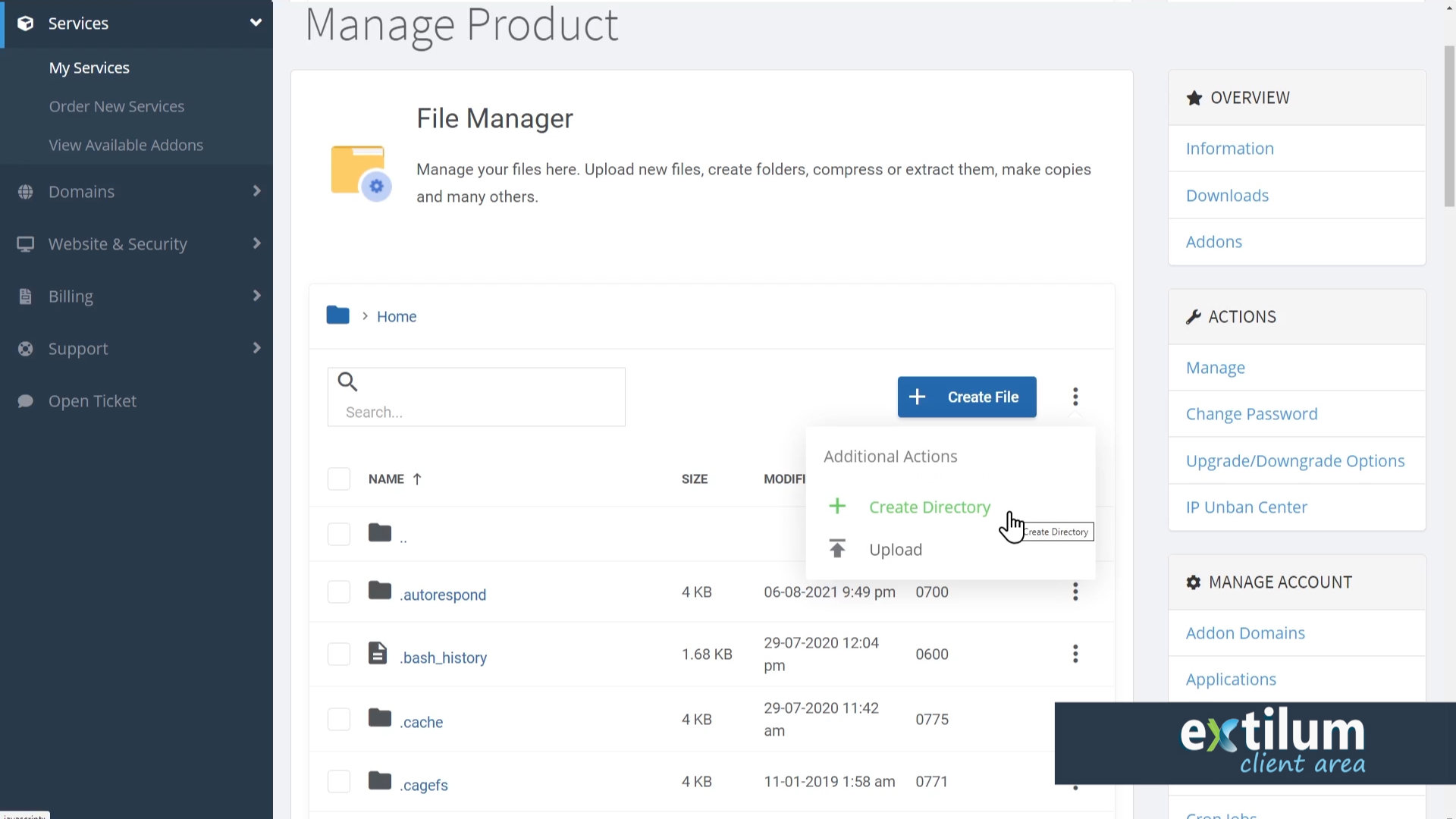 Extilum Client Area - File Manager