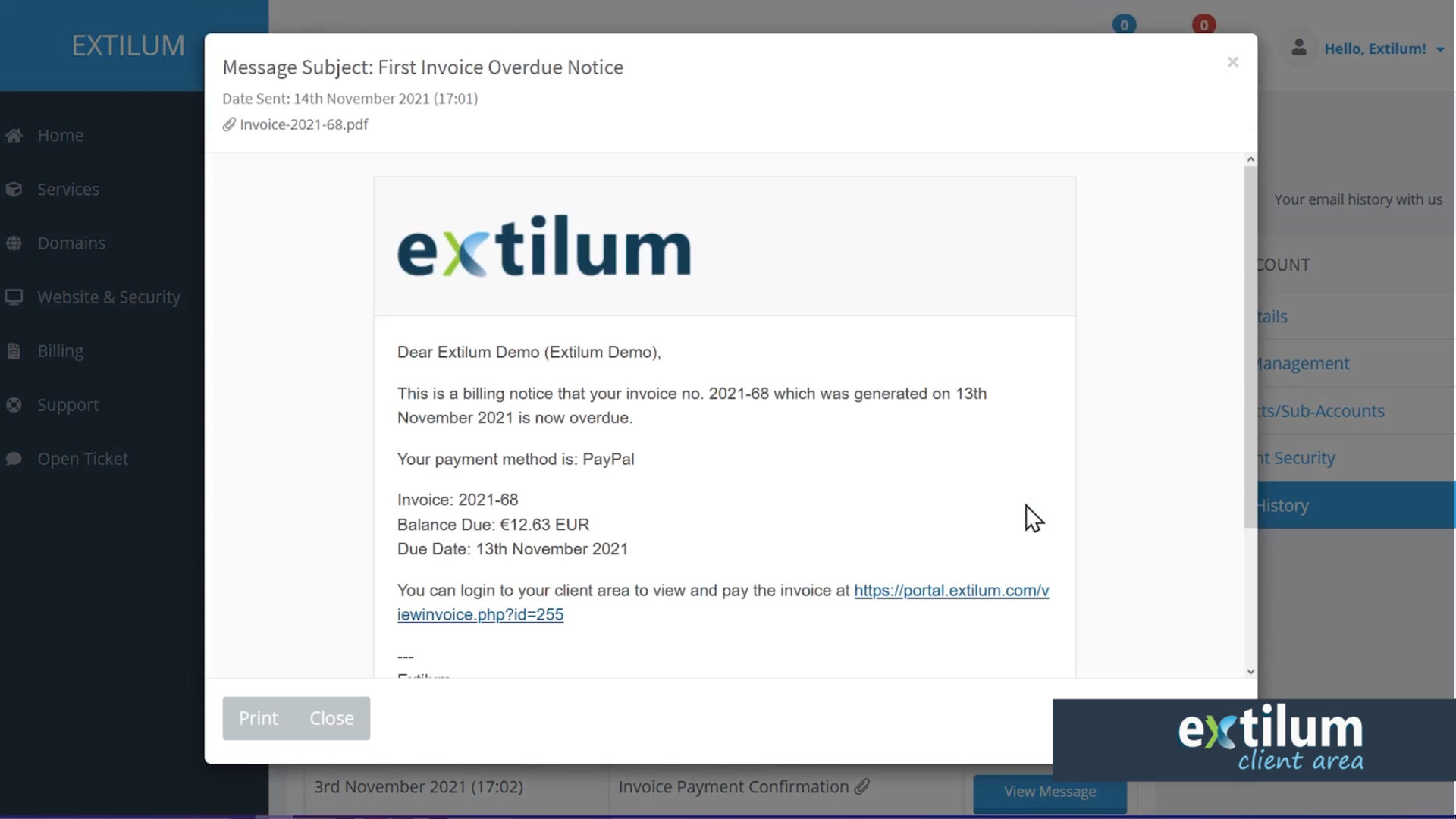 Extilum Client Area - Email History