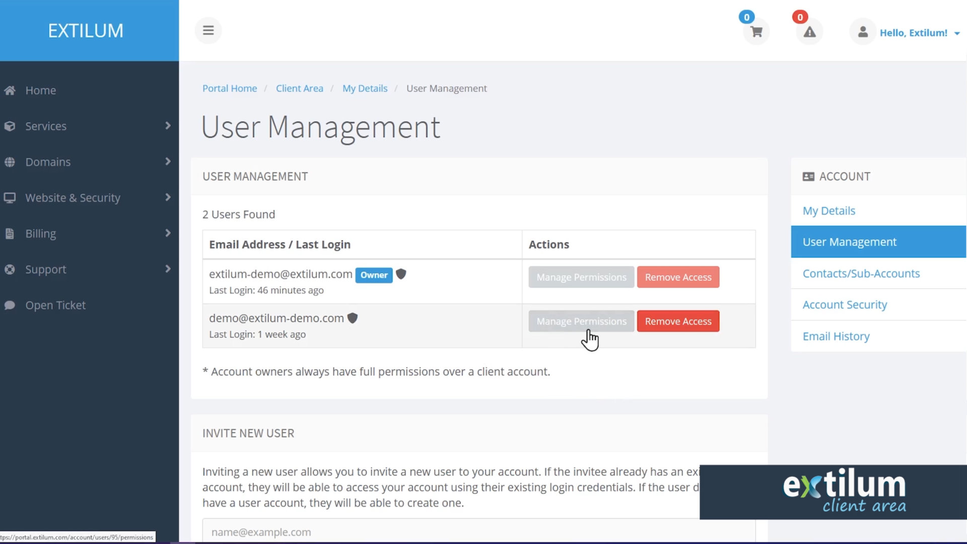 Extilum Client Area - Manage User