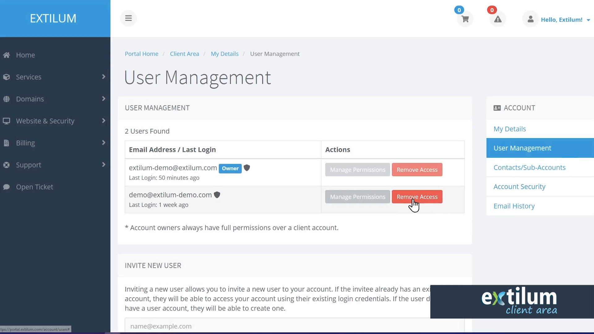 Extilum Client Area - Manage User