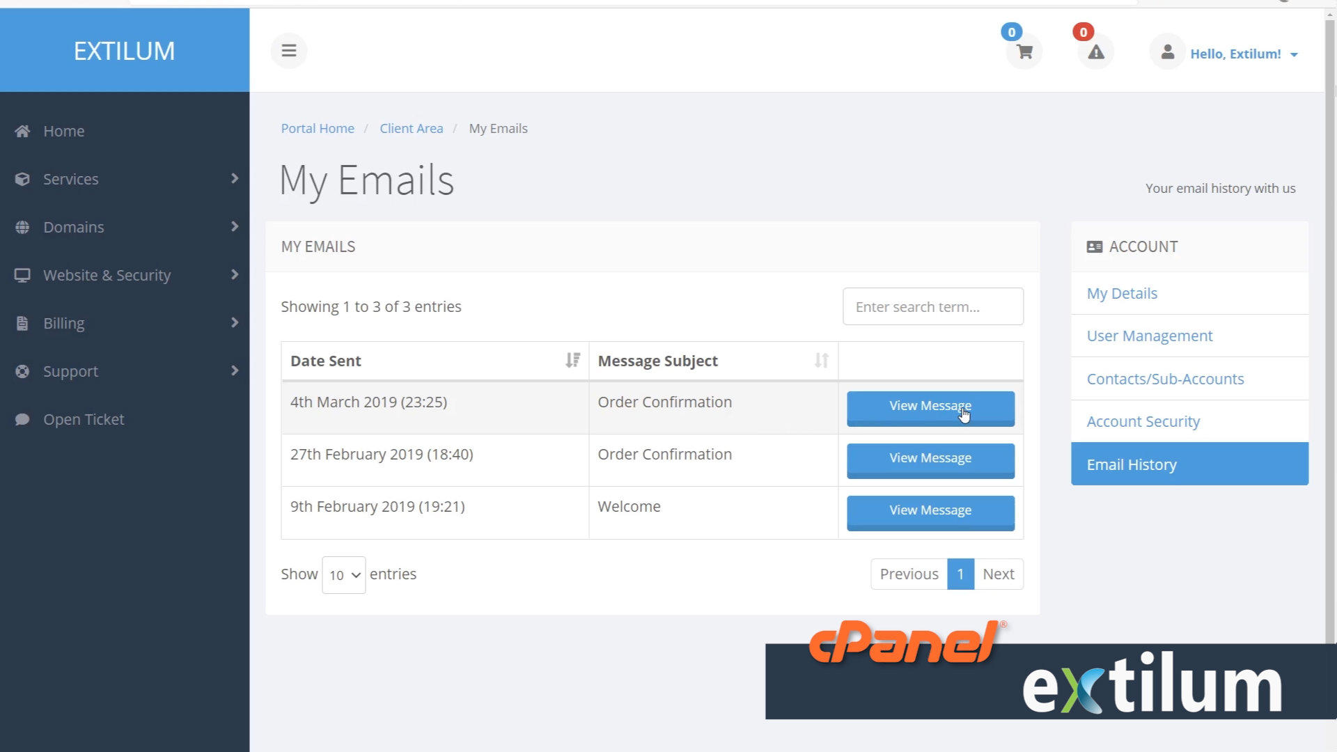 Extilum cPanel - View Email History