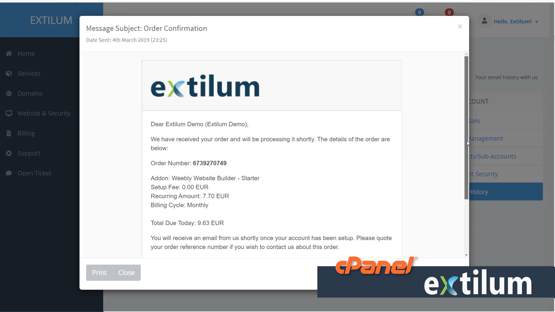 Extilum cPanel - View Email History