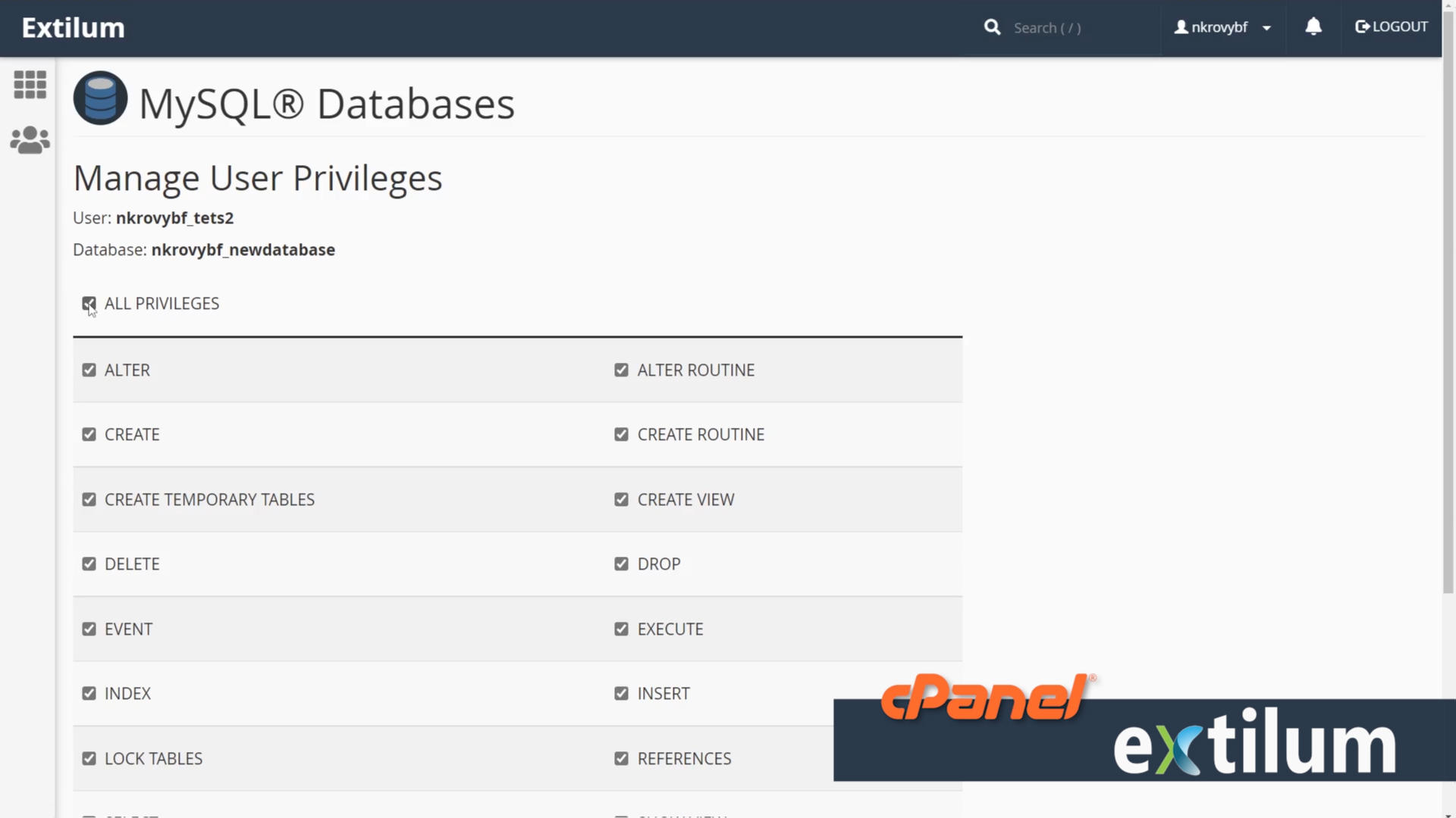 Extilum cPanel - databases - MySQL Database - add user to database