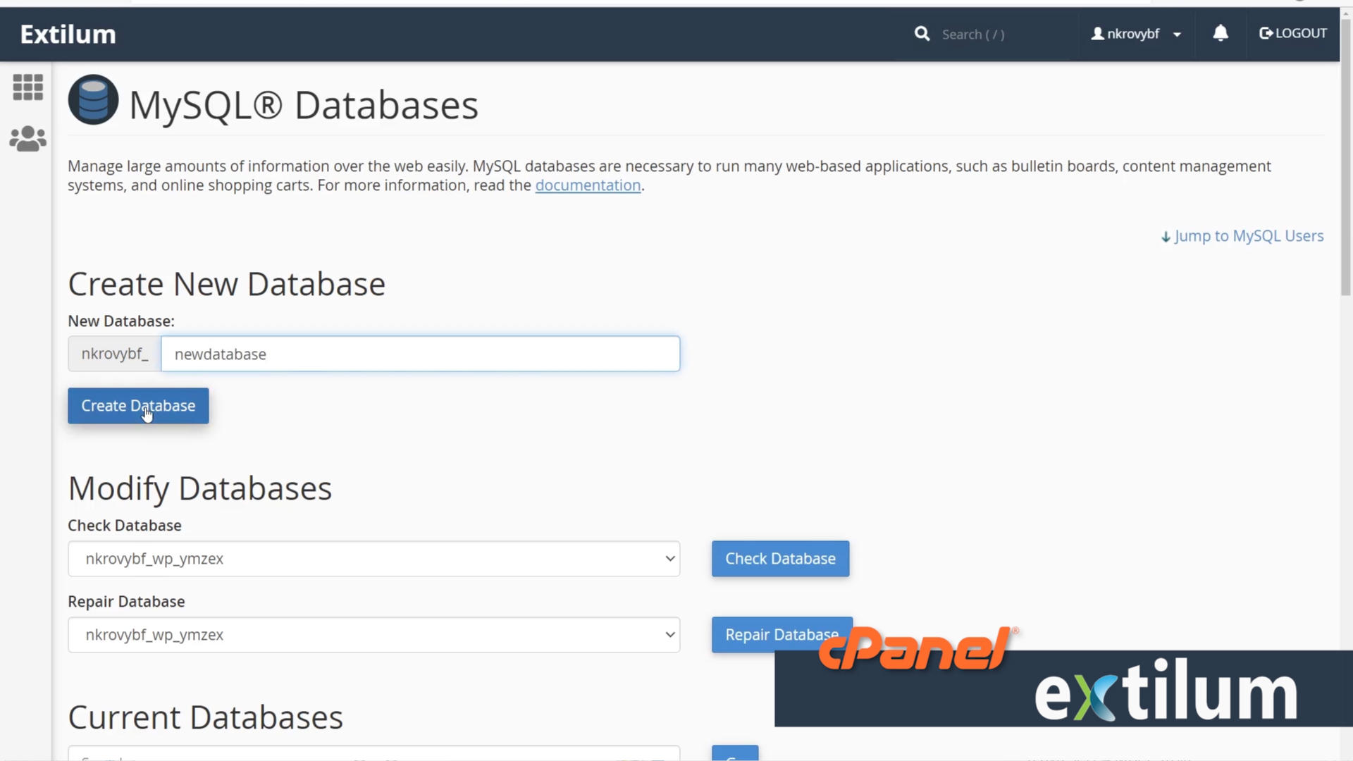 Extilum cPanel - databases - create MySQL Database
