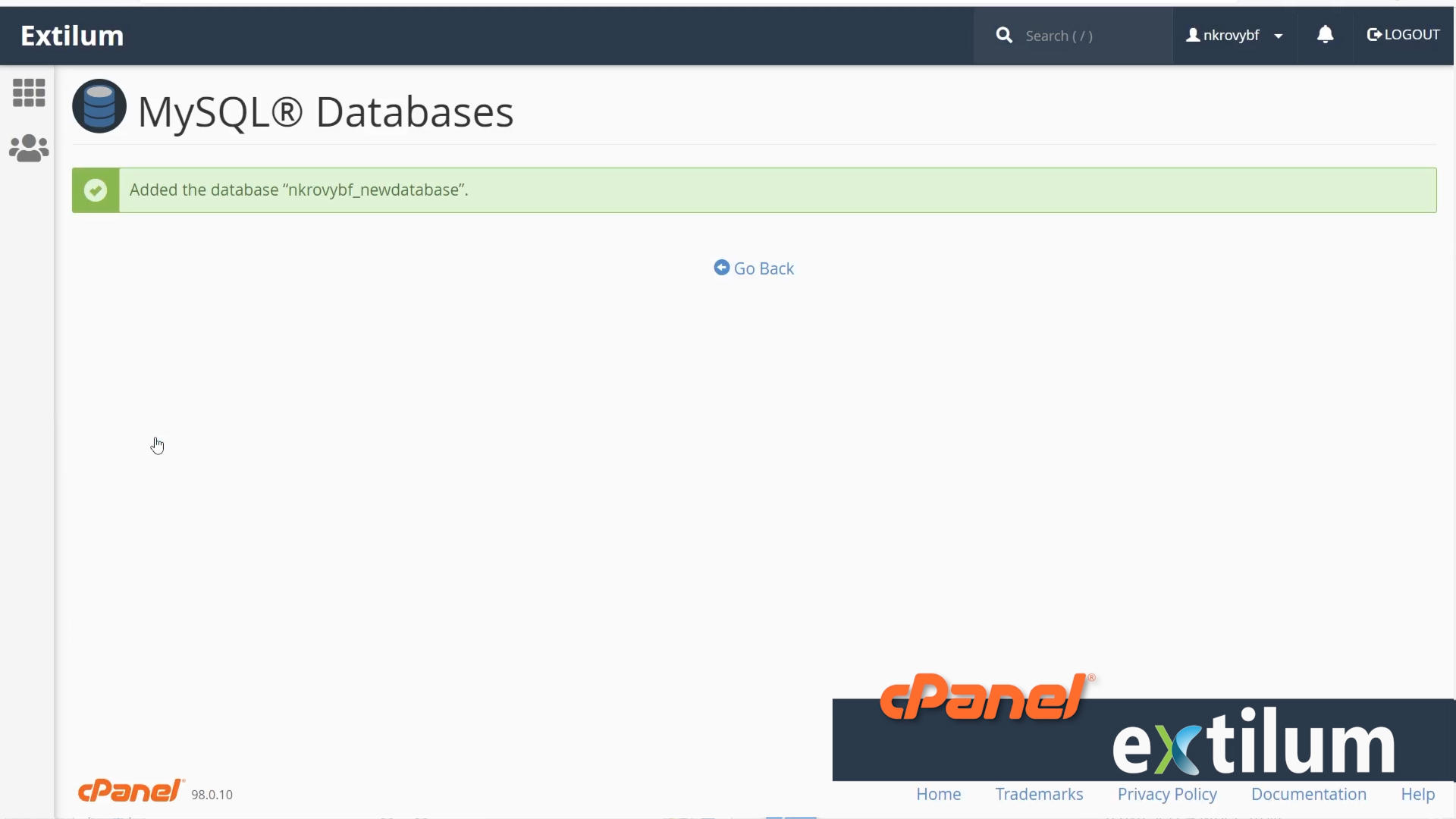 Extilum cPanel - databases - create MySQL Database