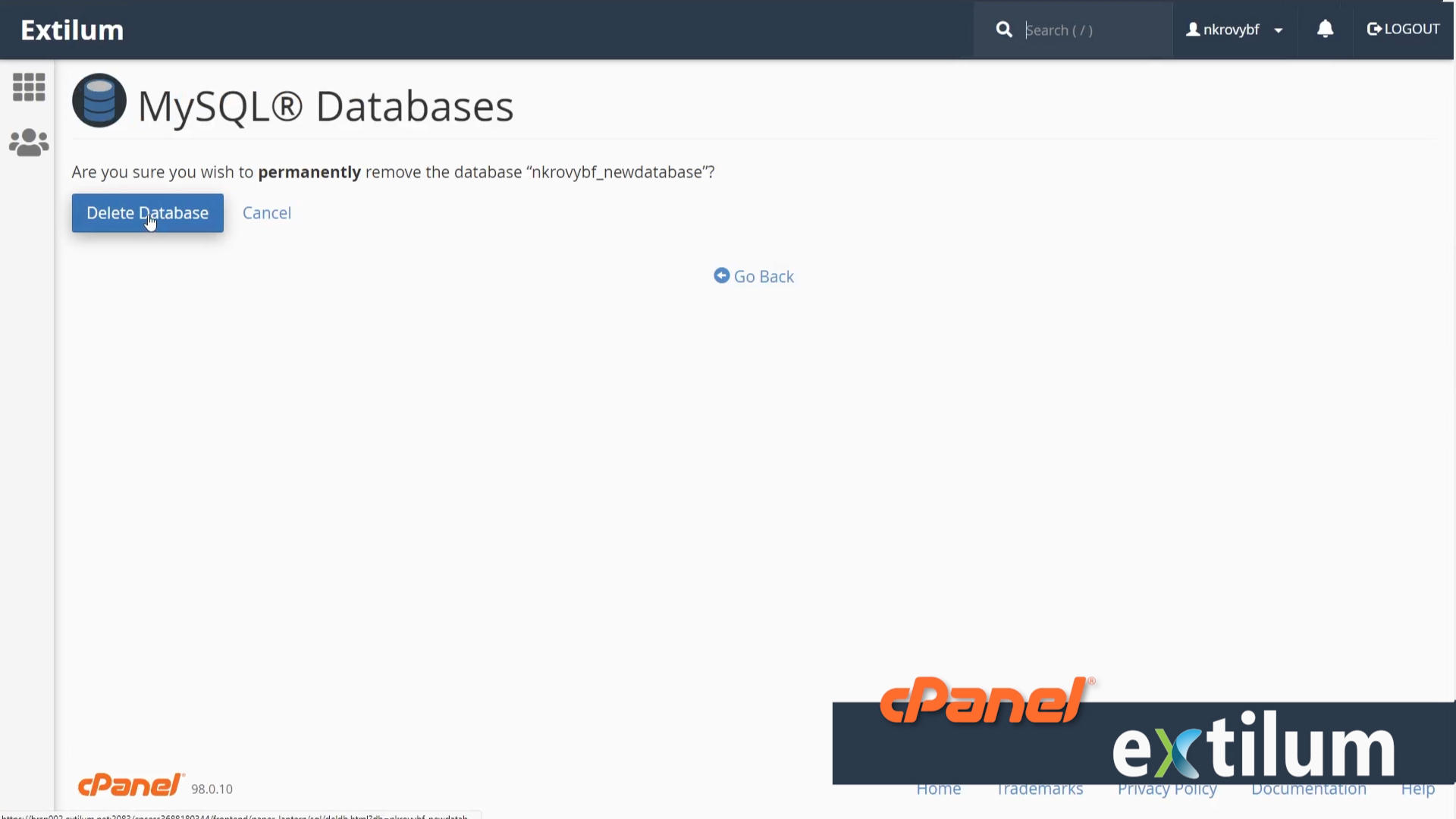 Extilum cPanel - databases - MySQL Database - delete database