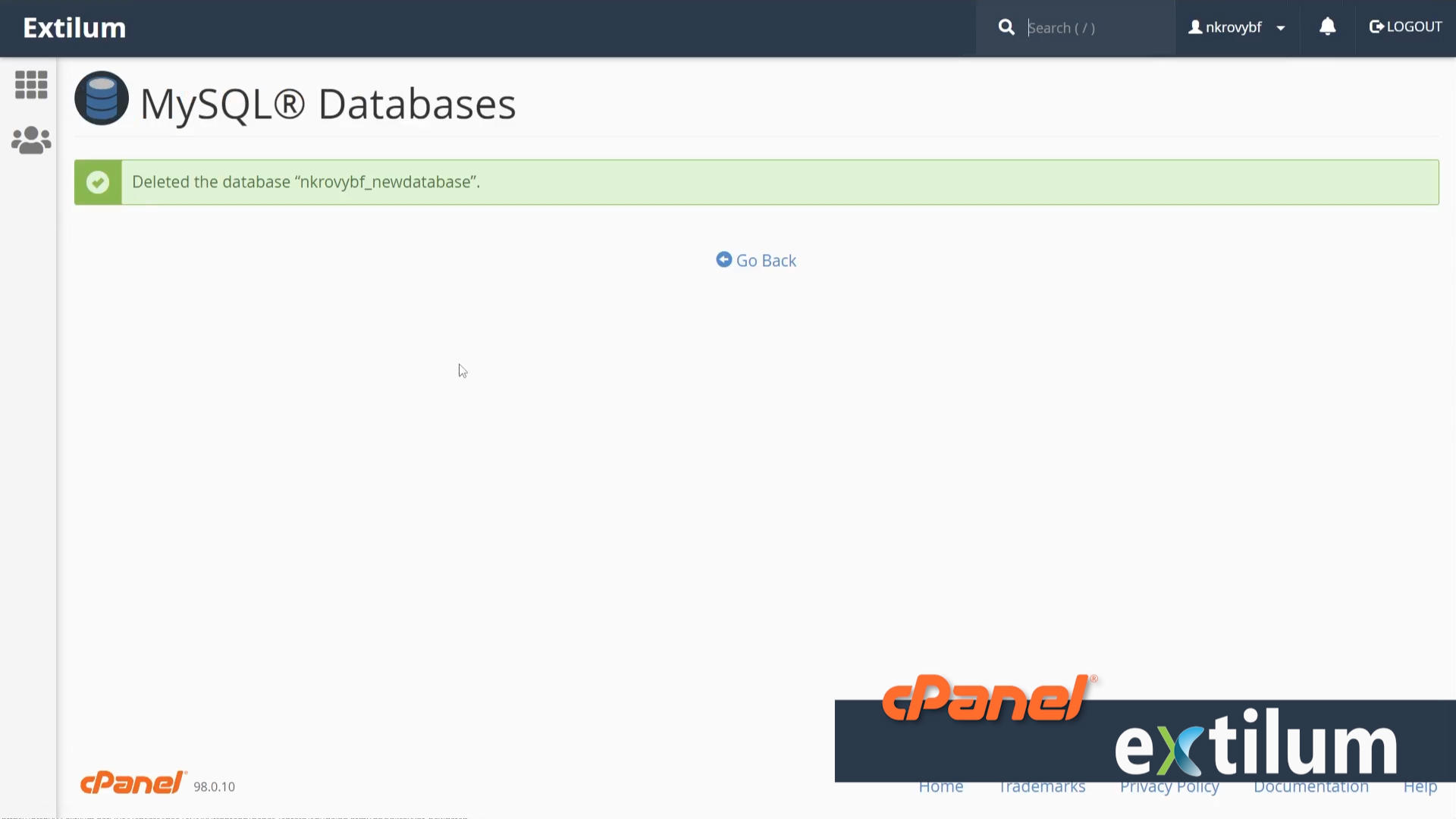 Extilum cPanel - databases - MySQL Database - delete database