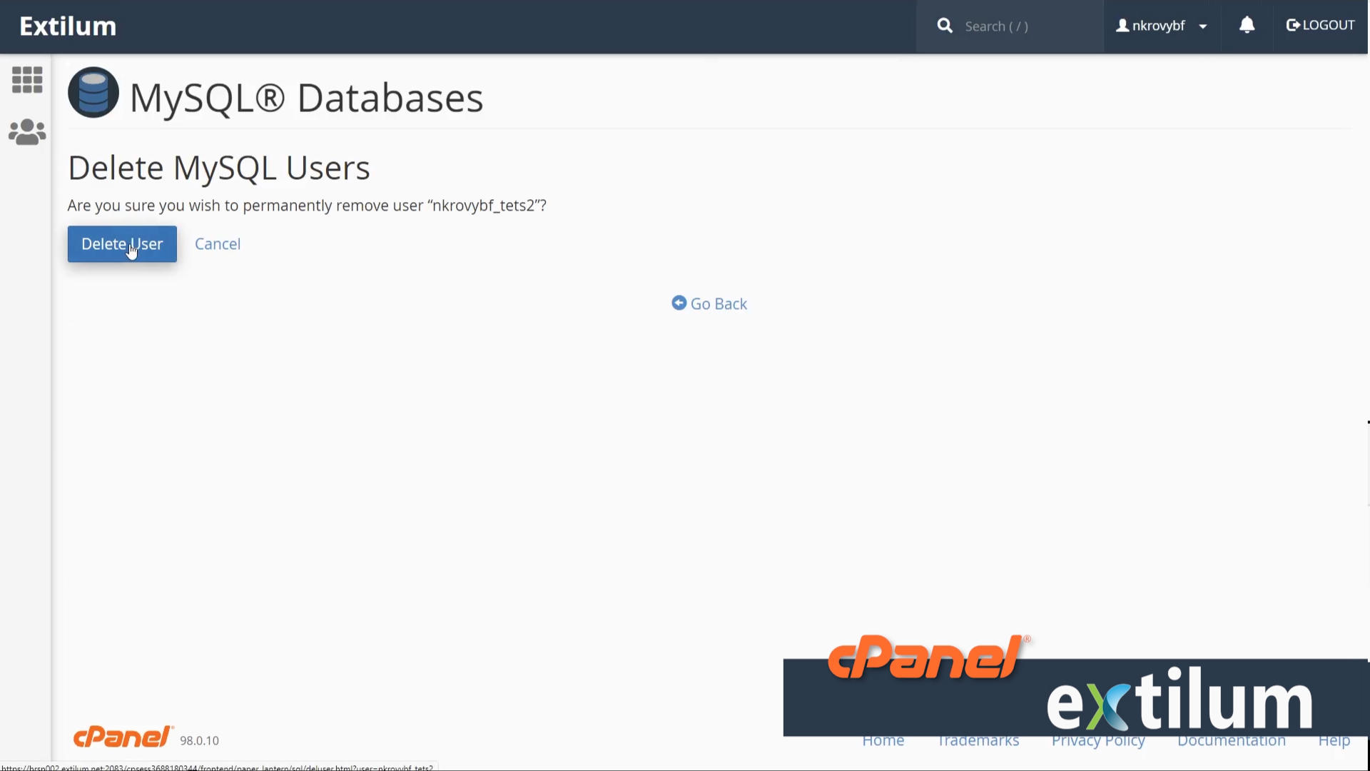 Extilum cPanel - databases - MySQL Database - delete user