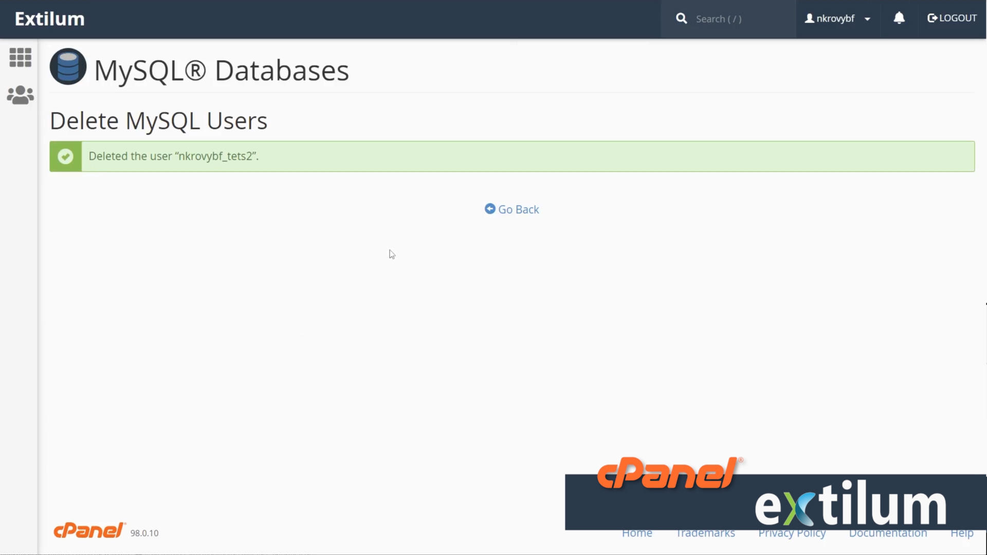 Extilum cPanel - databases - MySQL Database - delete user