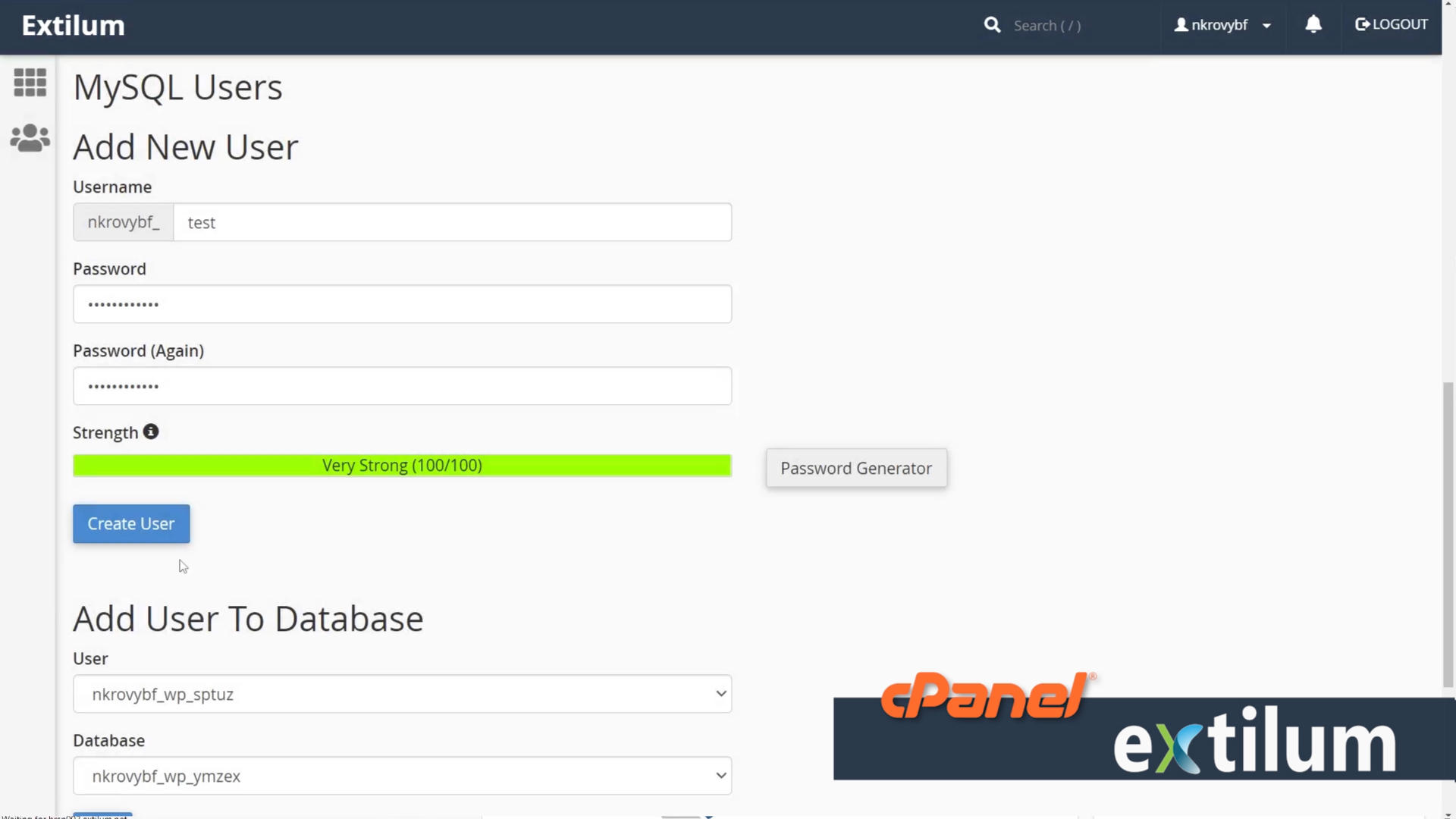 Extilum cPanel - databases - New User MySQL Database