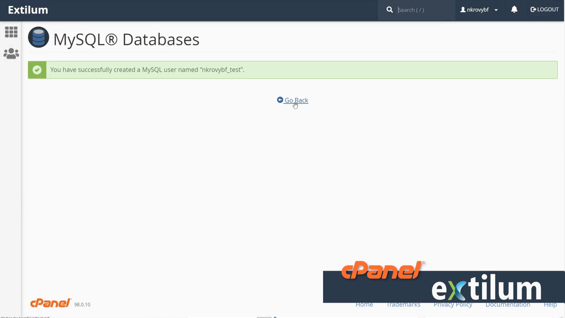 Extilum cPanel - databases - New User MySQL Database