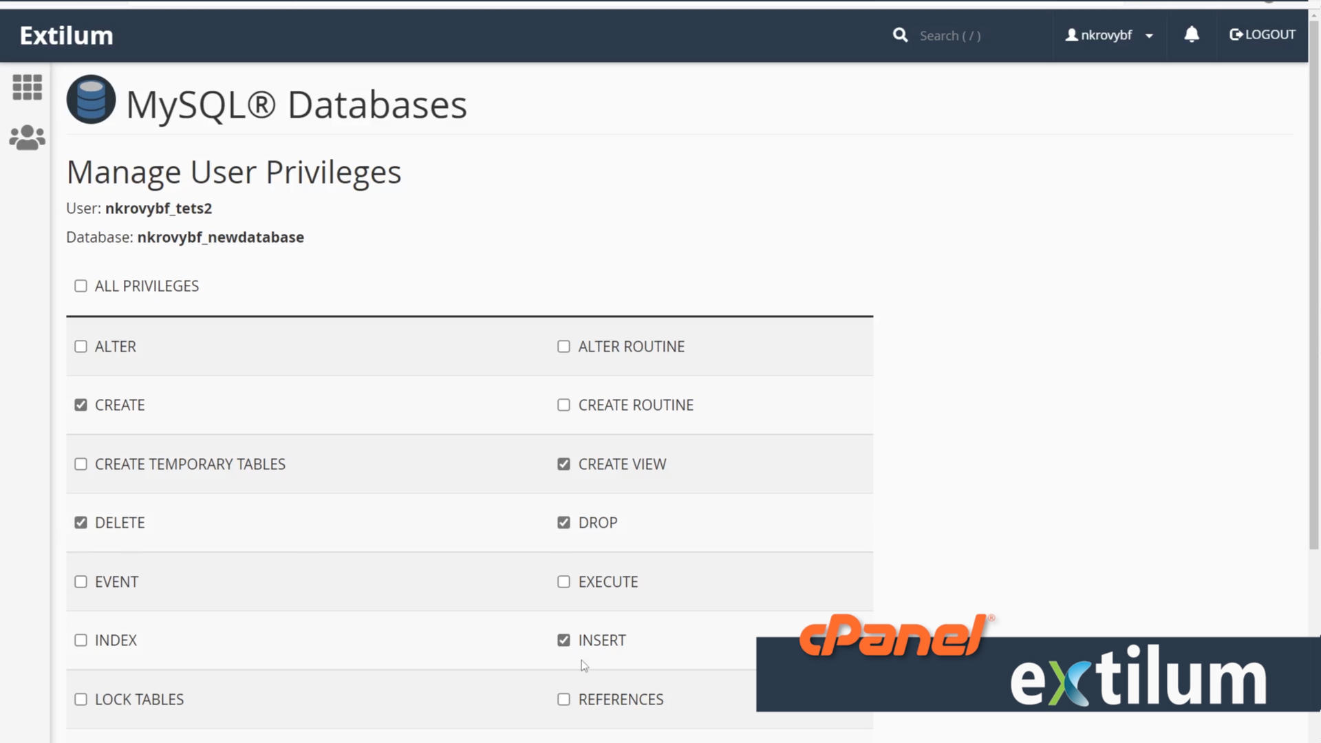Extilum cPanel - databases - MySQL Database - revoke user