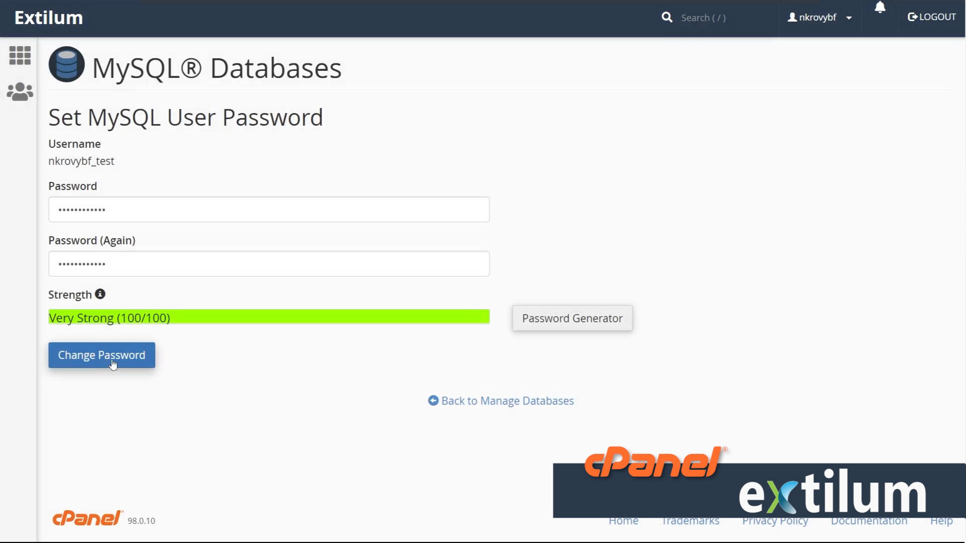 Extilum cPanel - databases - chamge User MySQL Database password