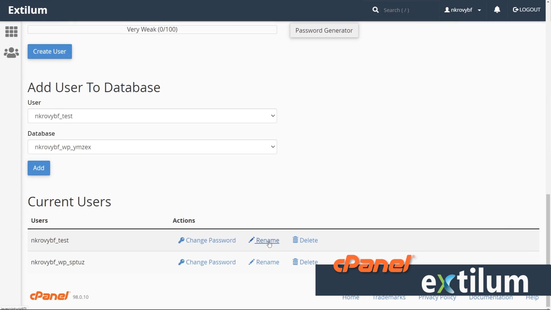 Extilum cPanel - databases - rename User MySQL Database