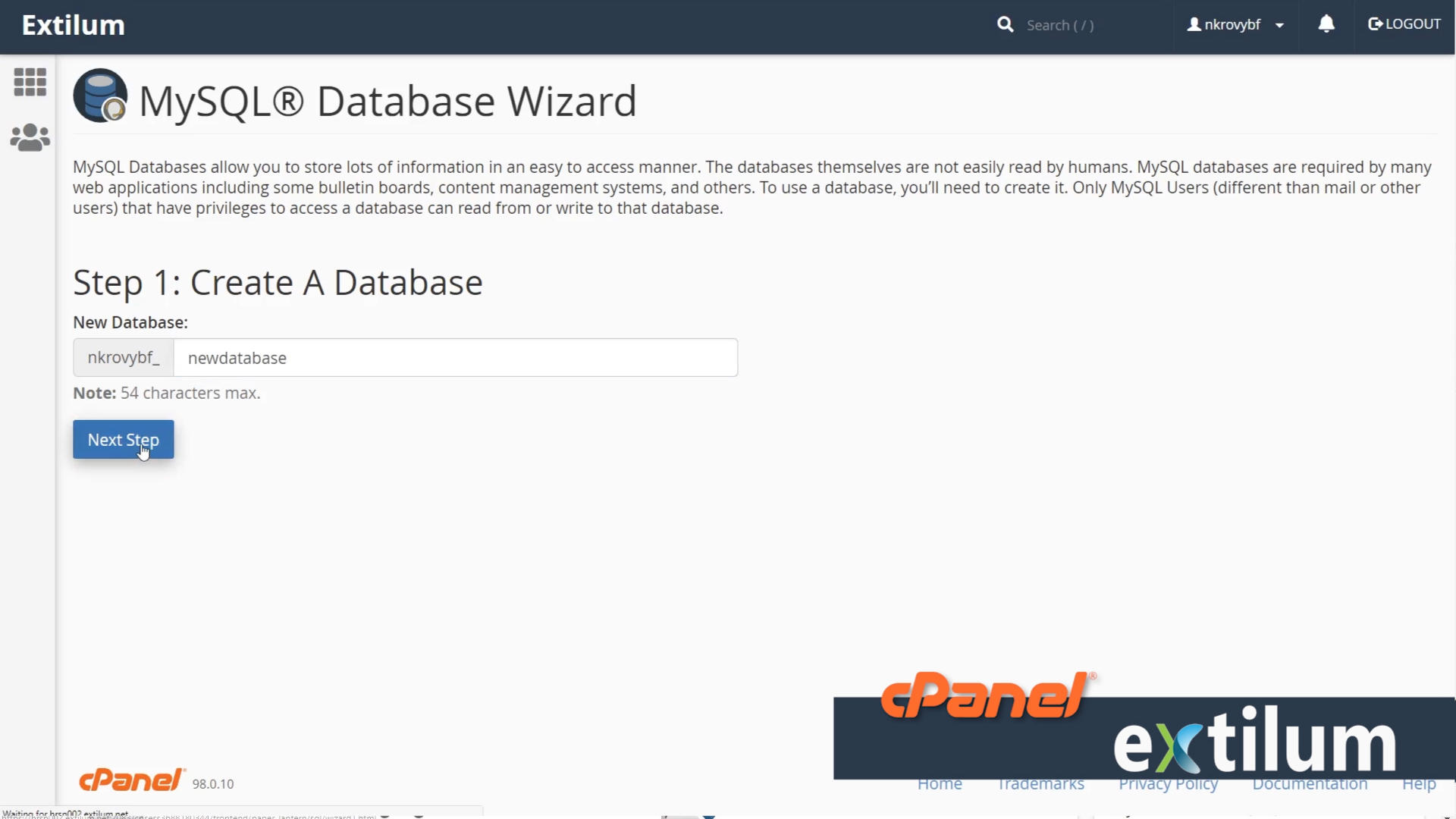 Extilum cPanel - databases - MySQL wizard