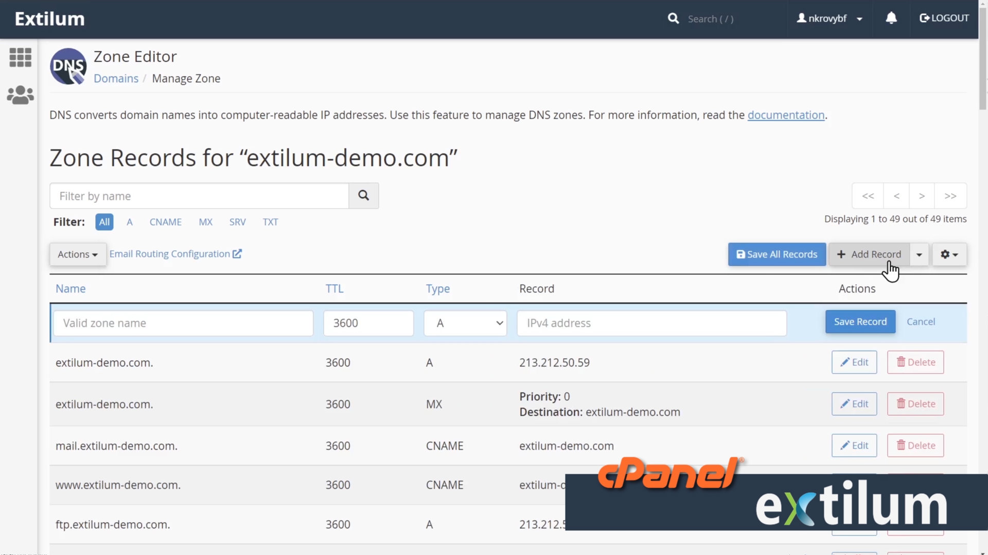 Extilum cPanel - Domain - Zone Editor
