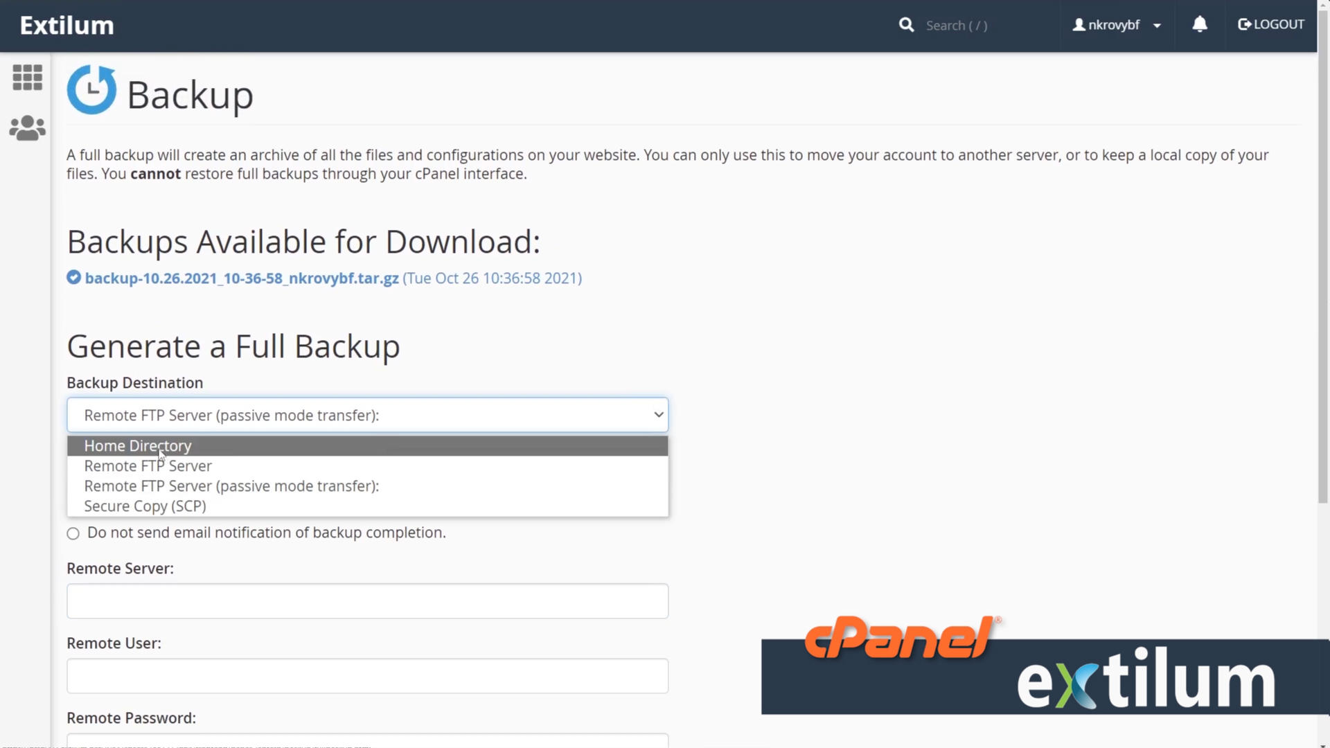 Extilum cPanel - Files - Generate a full Backup