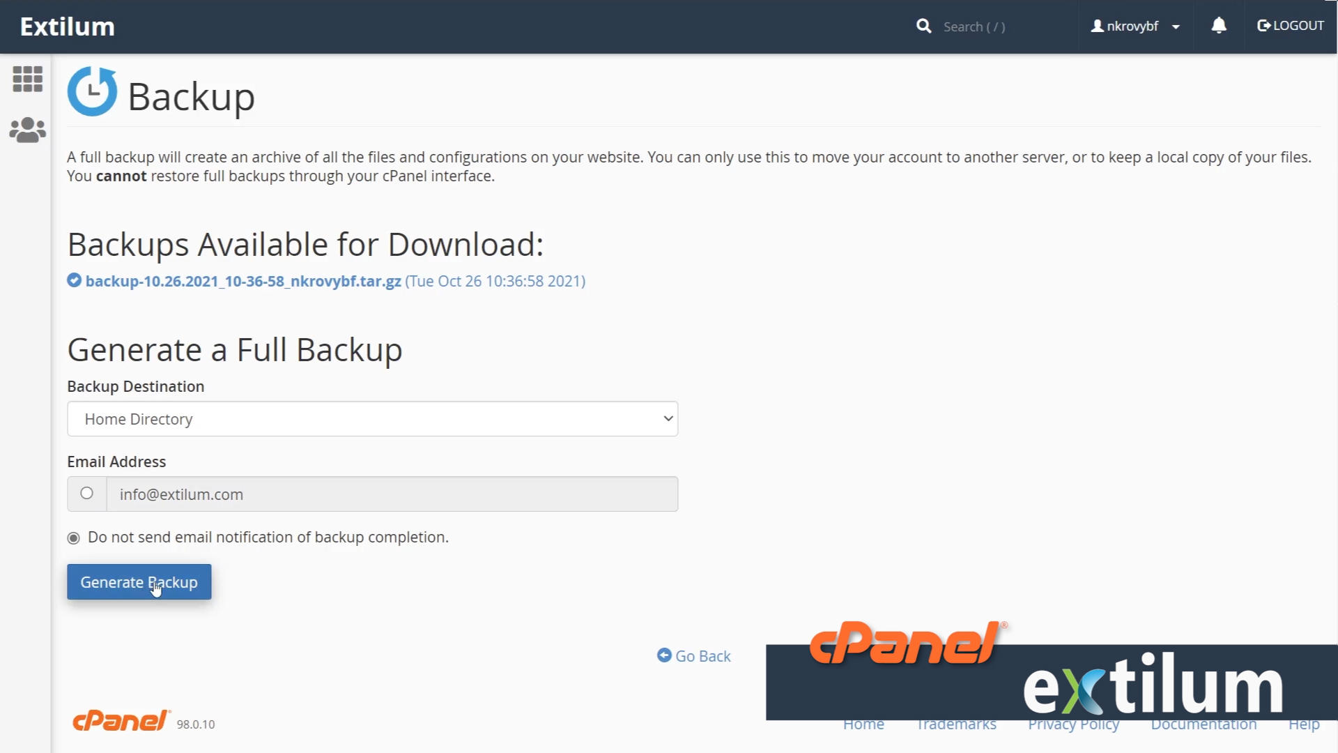 Extilum cPanel - Files - Generate a full Backup