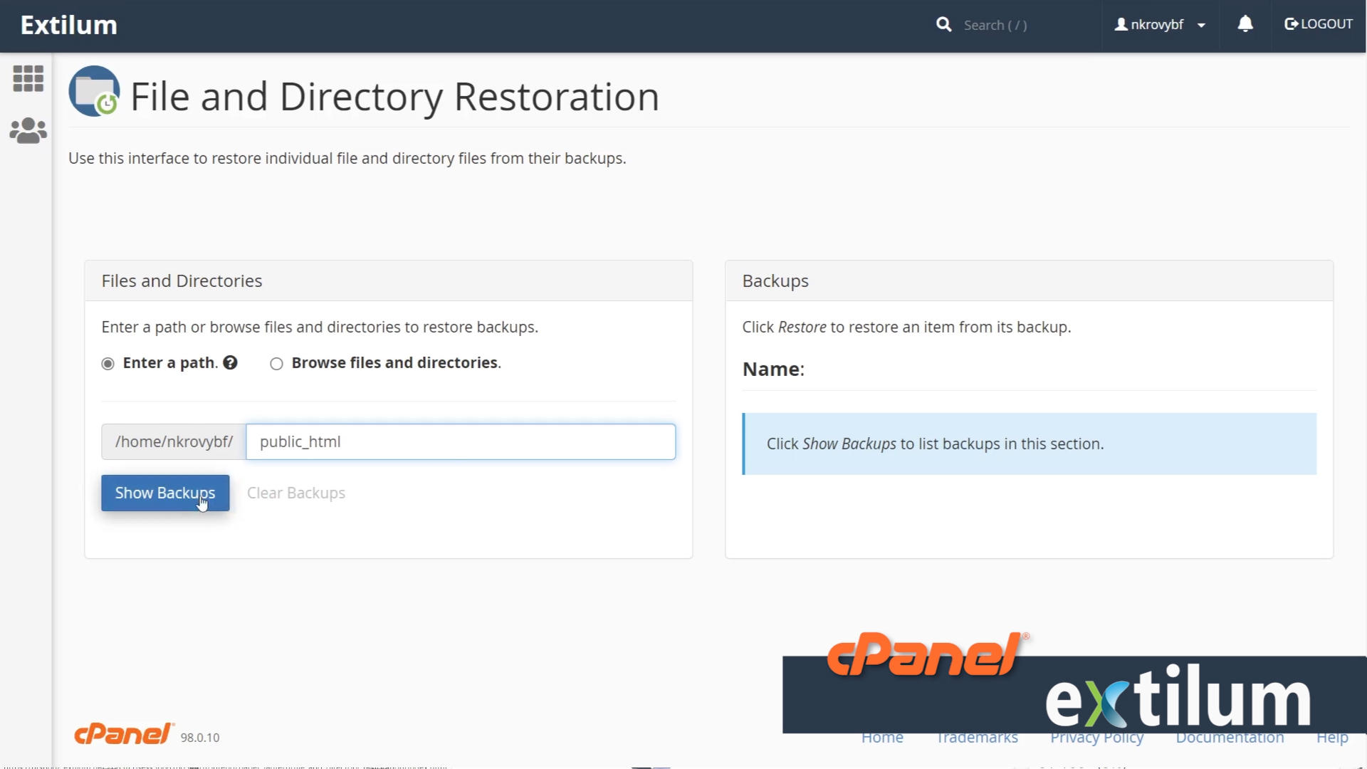 Extilum cPanel - Files - File and Directory Restoration