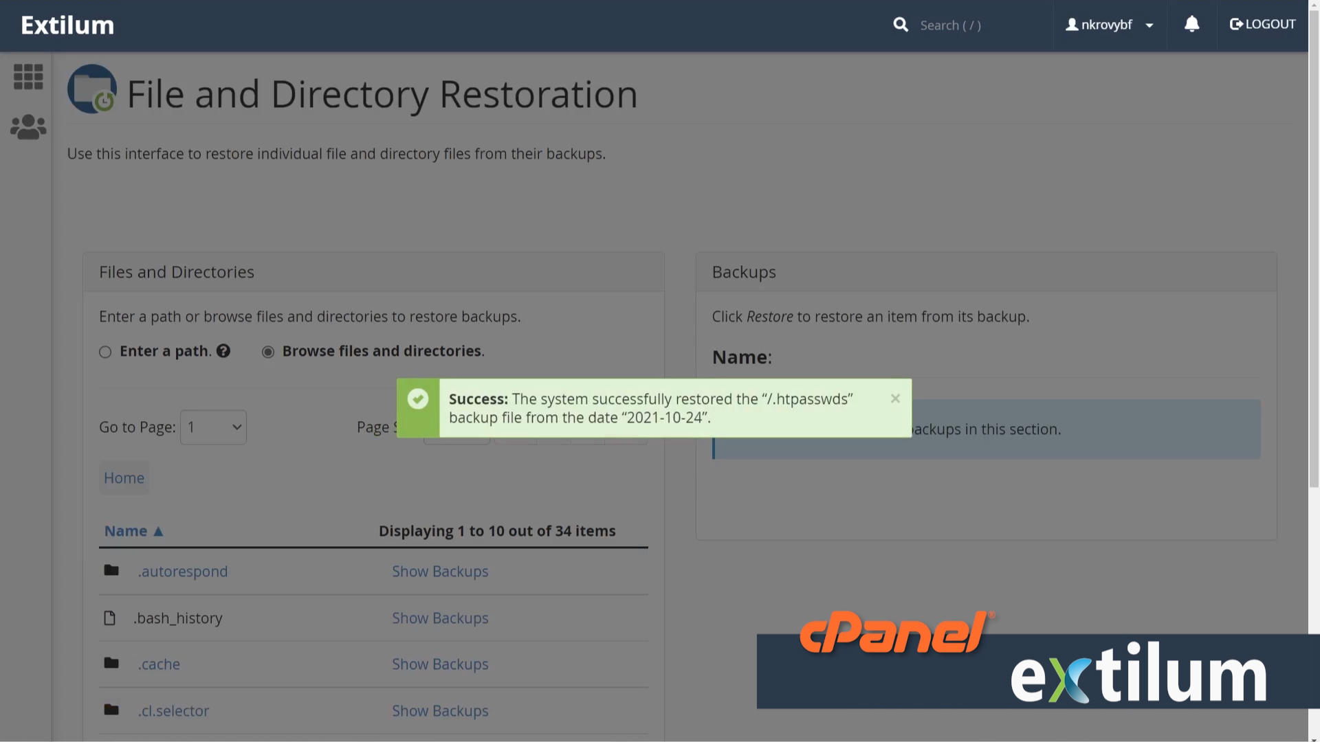 Extilum cPanel - Files - File and Directory Restoration