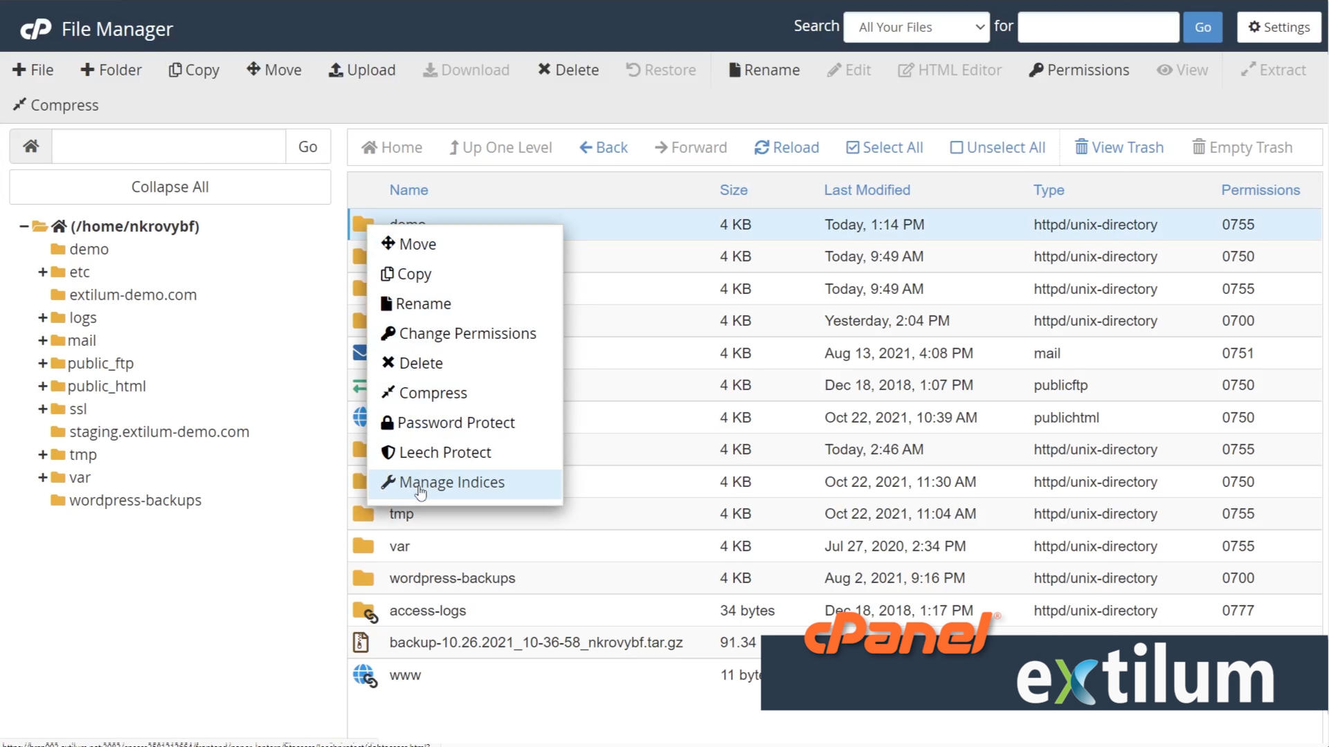 Extilum cPanel - File Manager - Manage indicies
