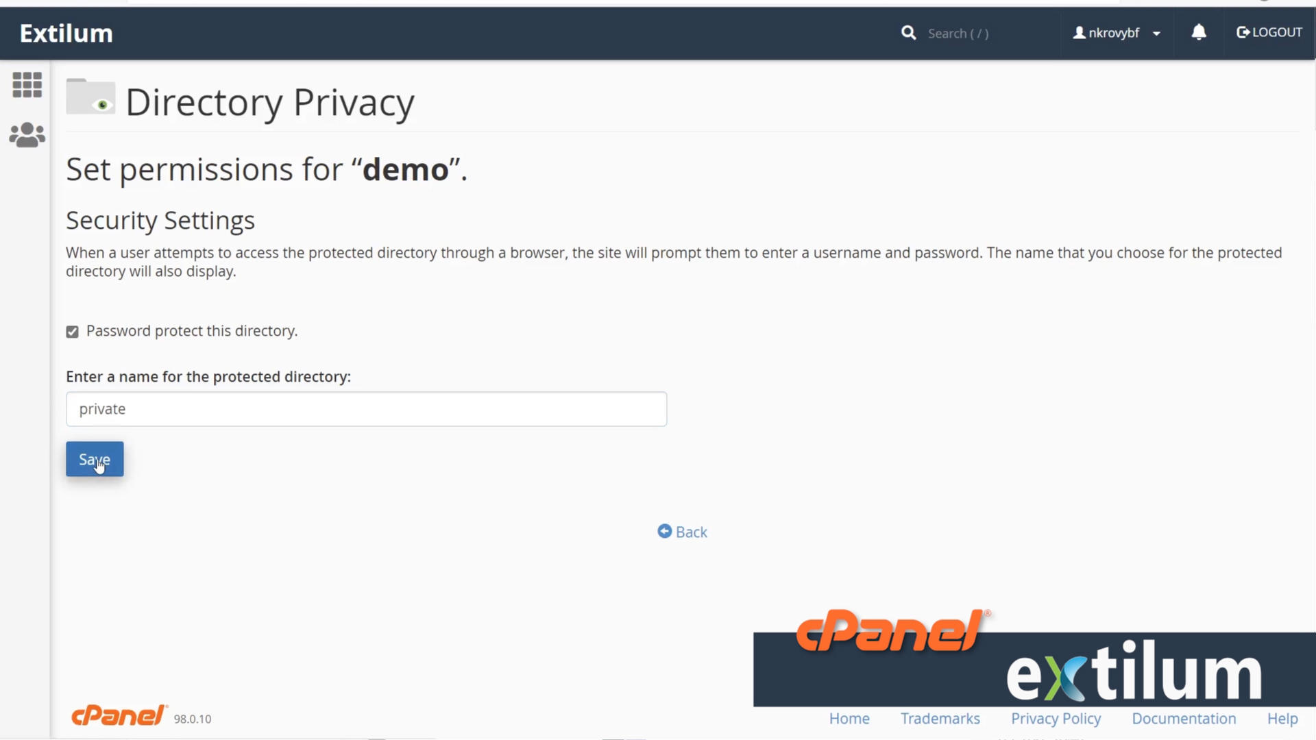 Extilum cPanel - File Manager - password protect directory