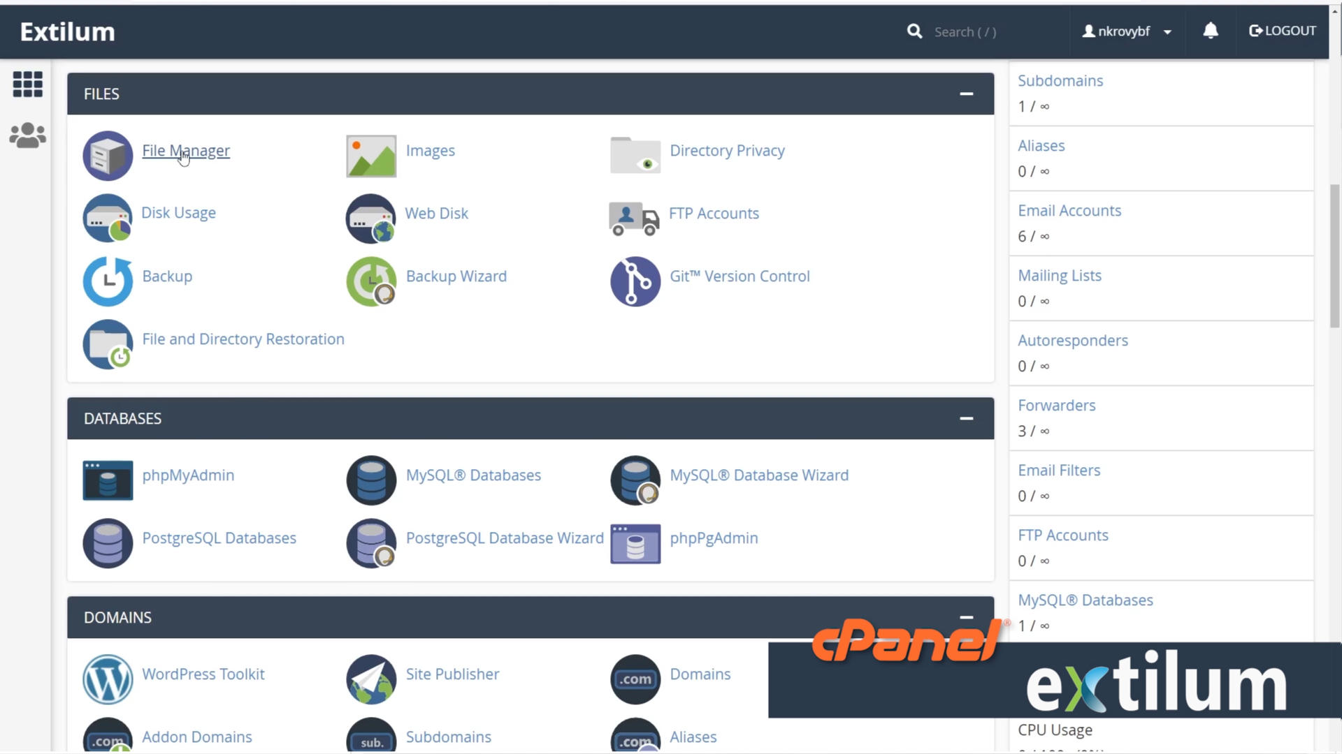 Extilum cPanel - File Manager - search