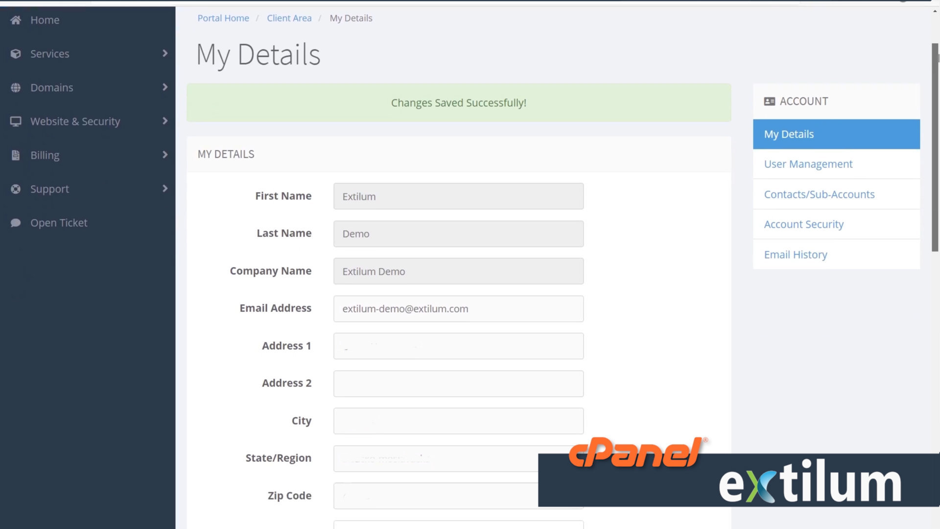 Extilum cPanel - Manage Profile