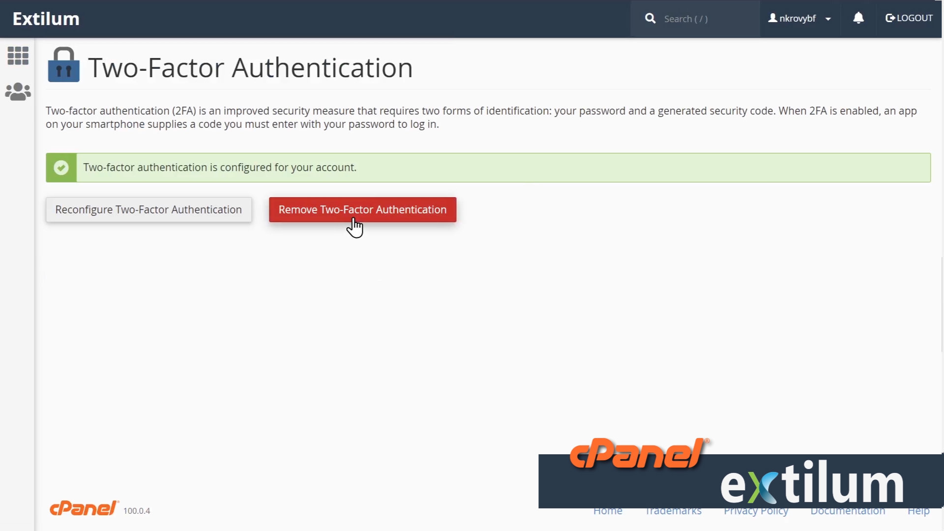 Extilum cPanel - Security - txo-factor authentication - 2FA