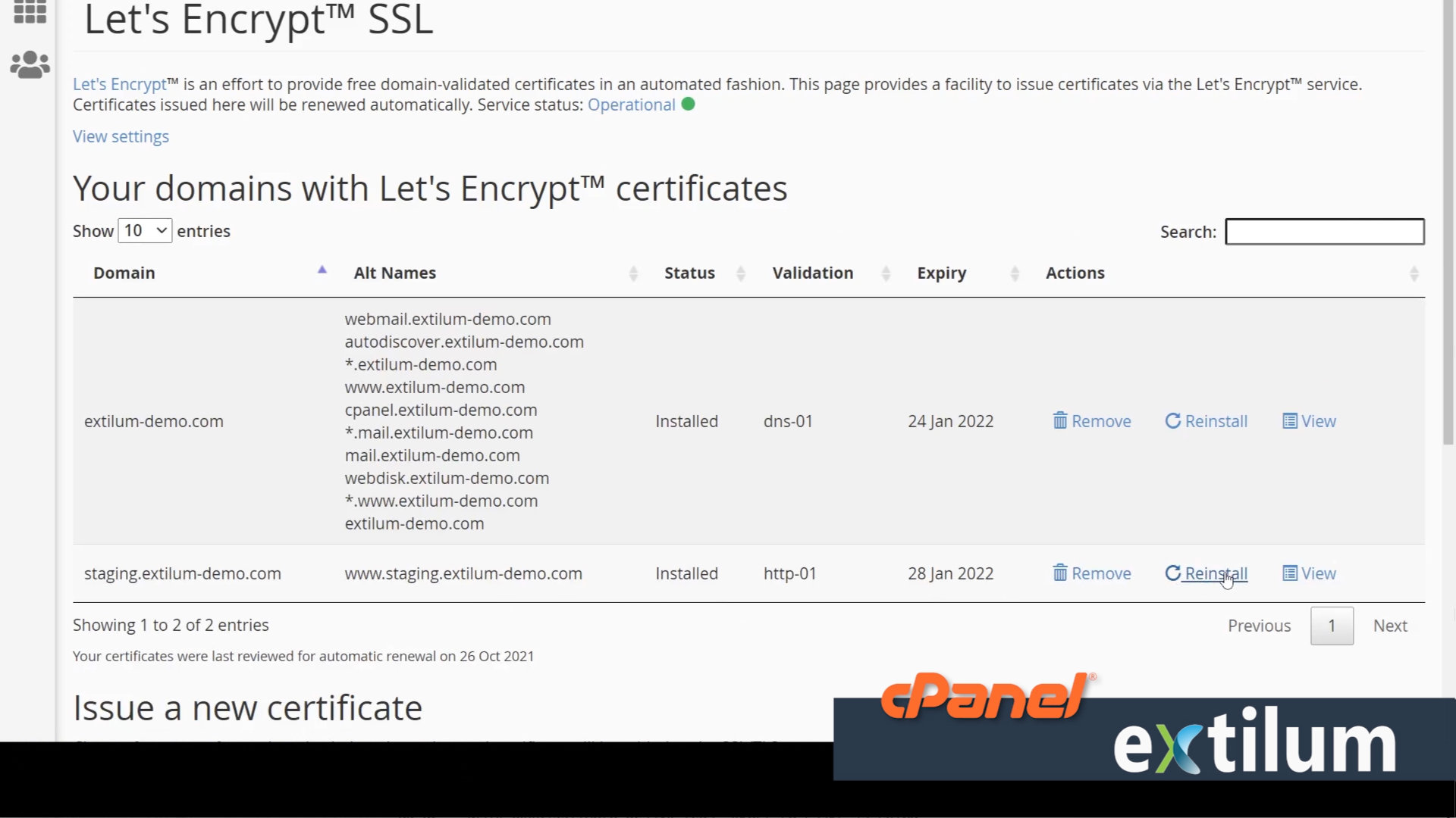 Extilum cPanel - Security - let encript ssl