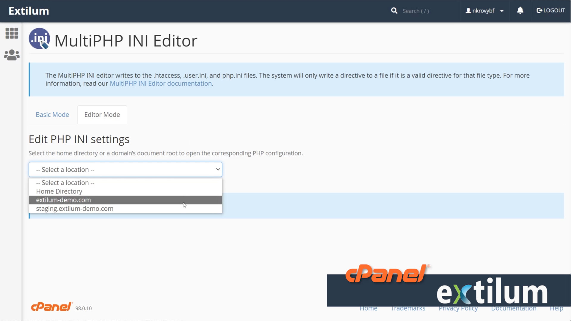 Extilum cPanel - MultiPHP INI Editor