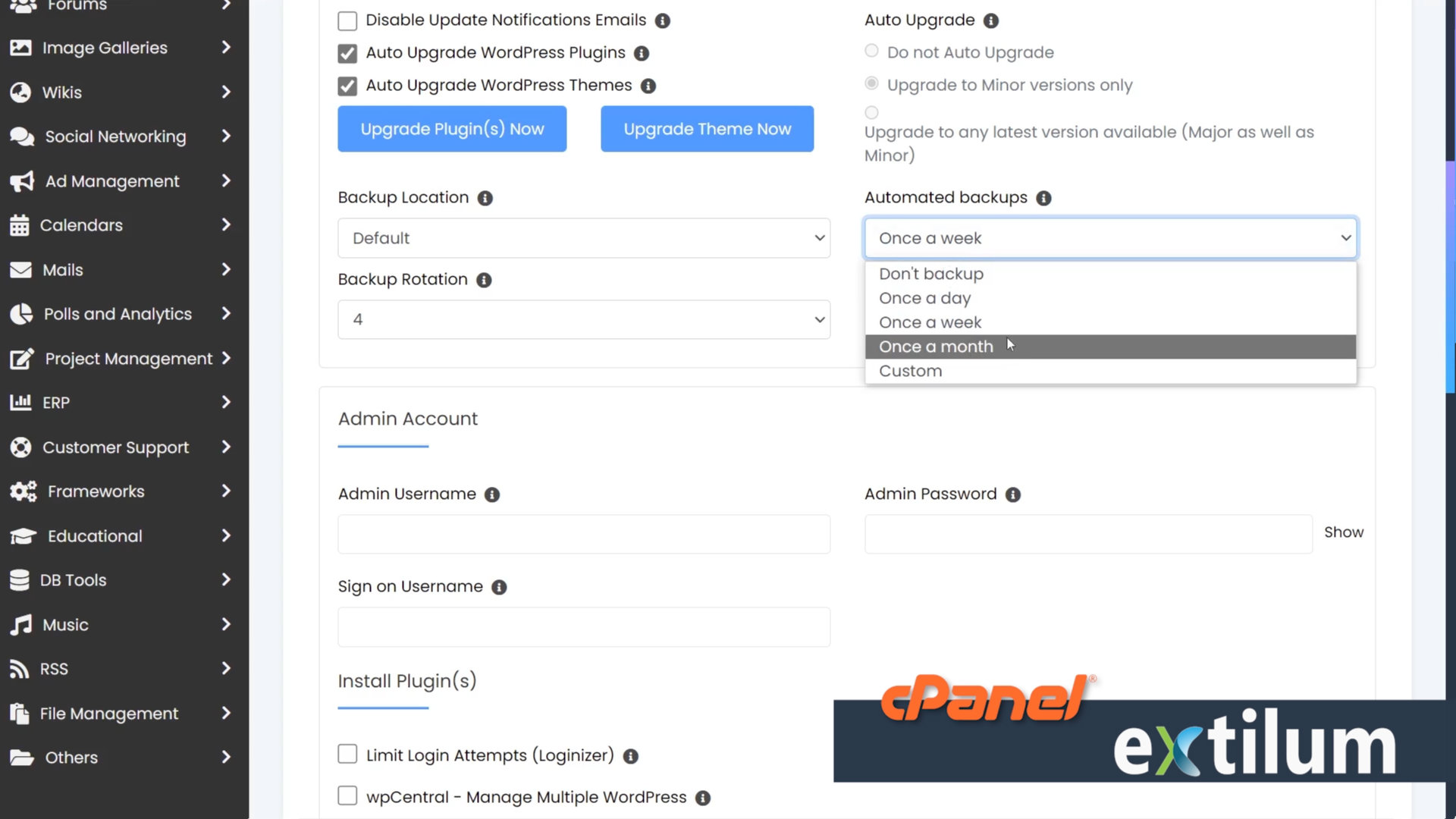 Extilum cPanel - Softaculous Apps Installer - automatic backup