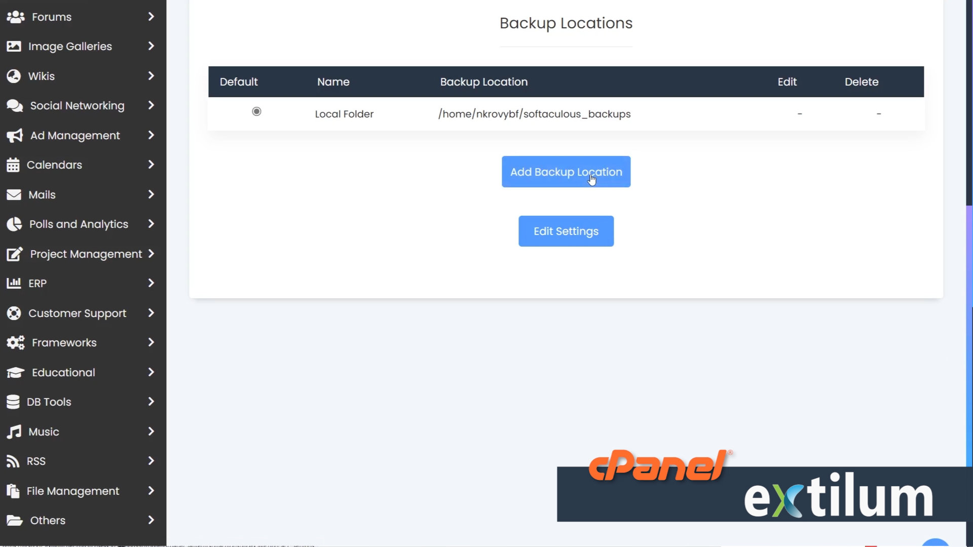 Extilum cPanel - Softaculous Apps Installer - backup location