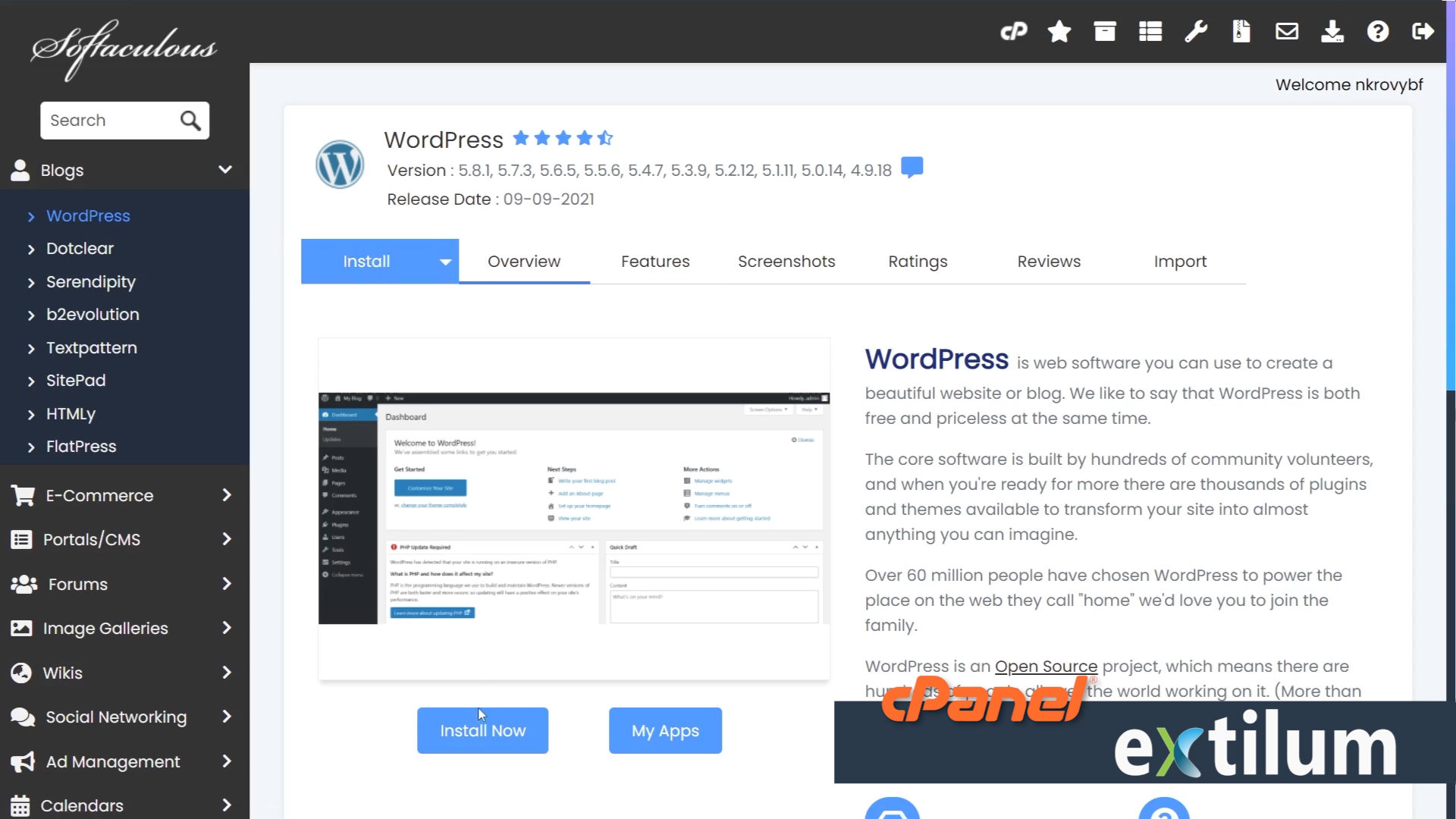 Extilum cPanel - Softaculous Apps Installer - install WordPress