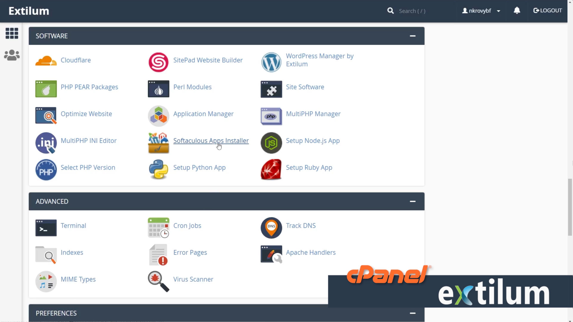 Extilum cPanel - Softaculous Apps Installer - update WordPress