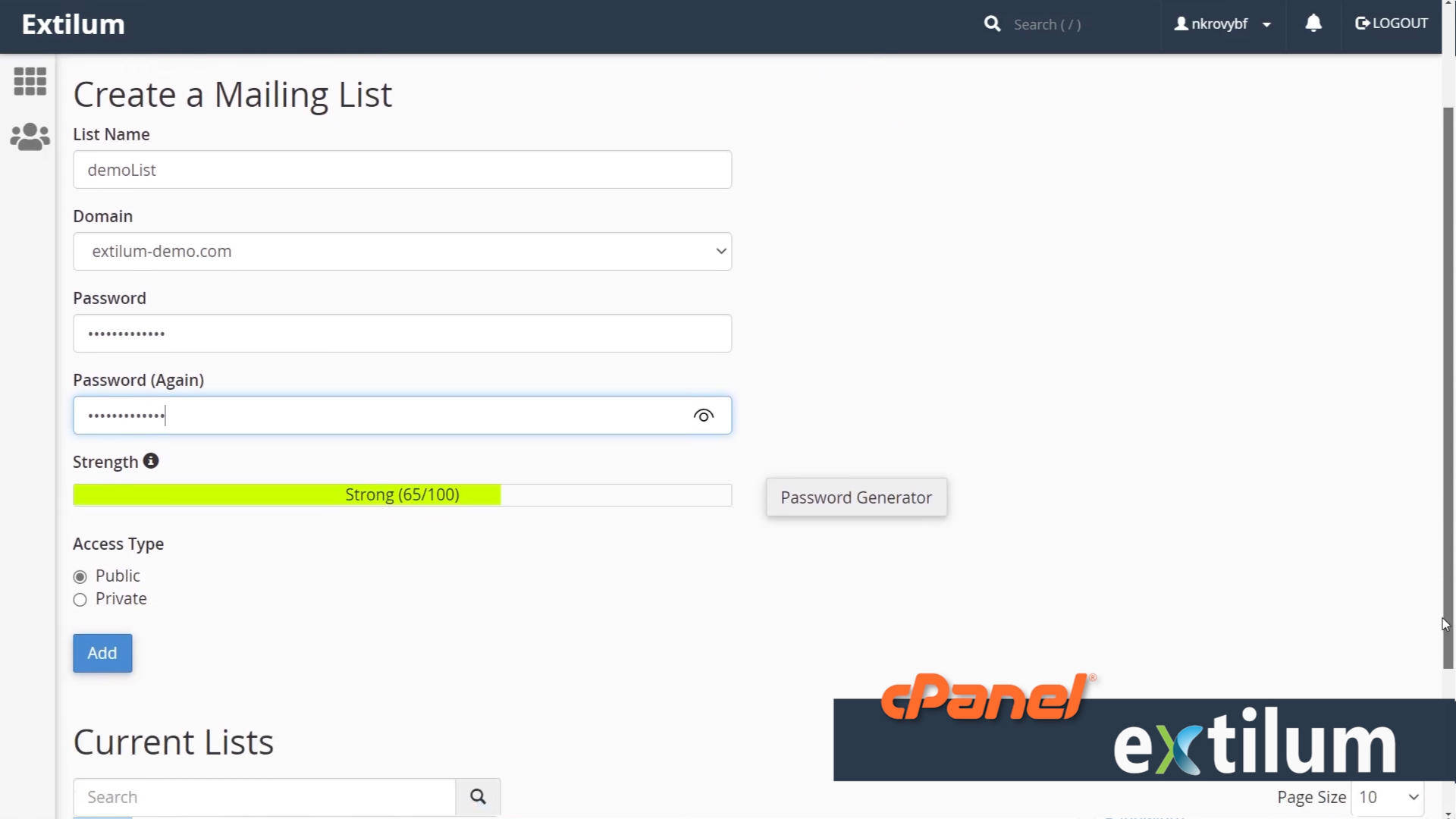 Extilum cPanel - Create Mailing Lists