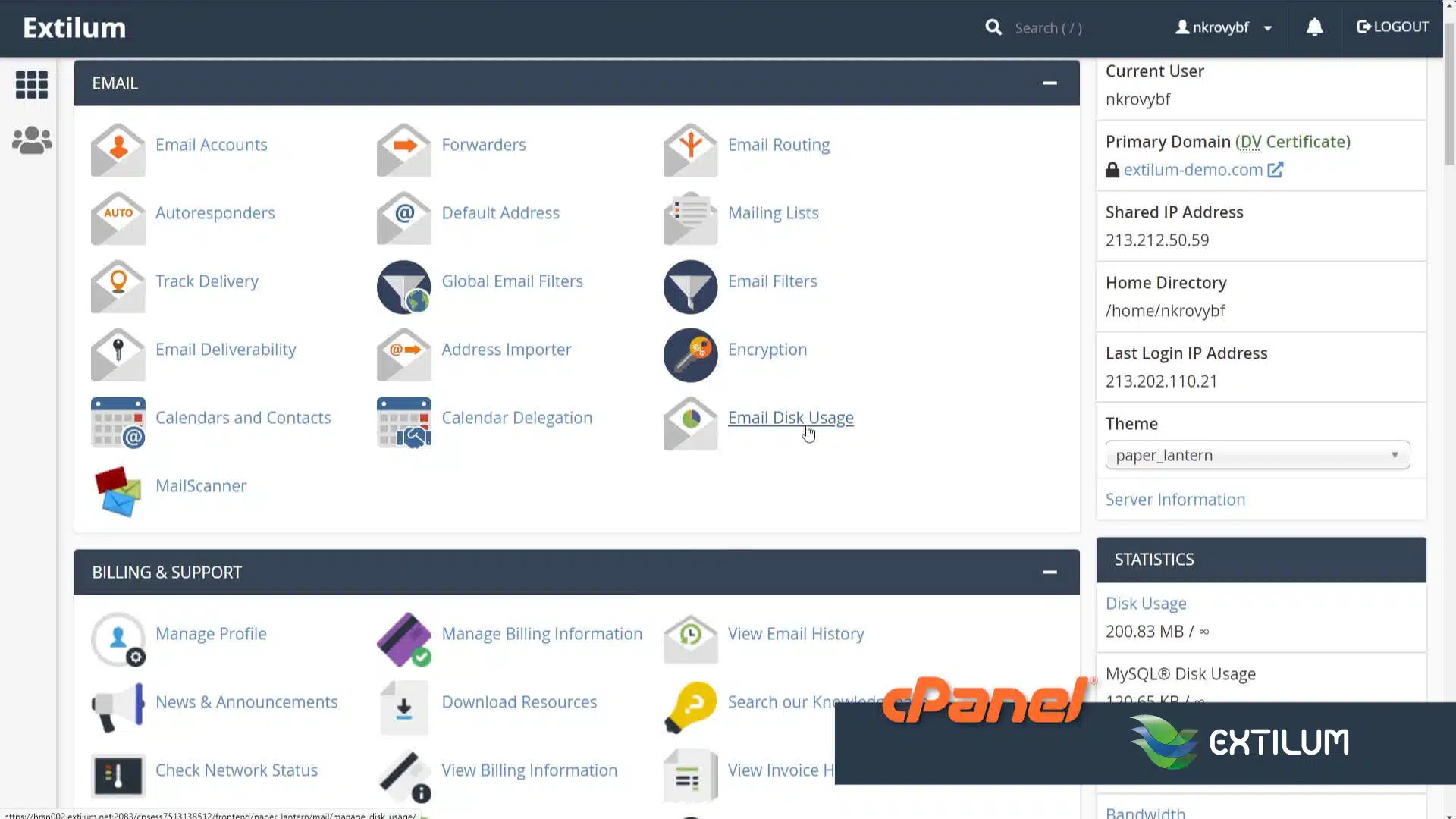 Extilum cPanel - Email Disk Usage