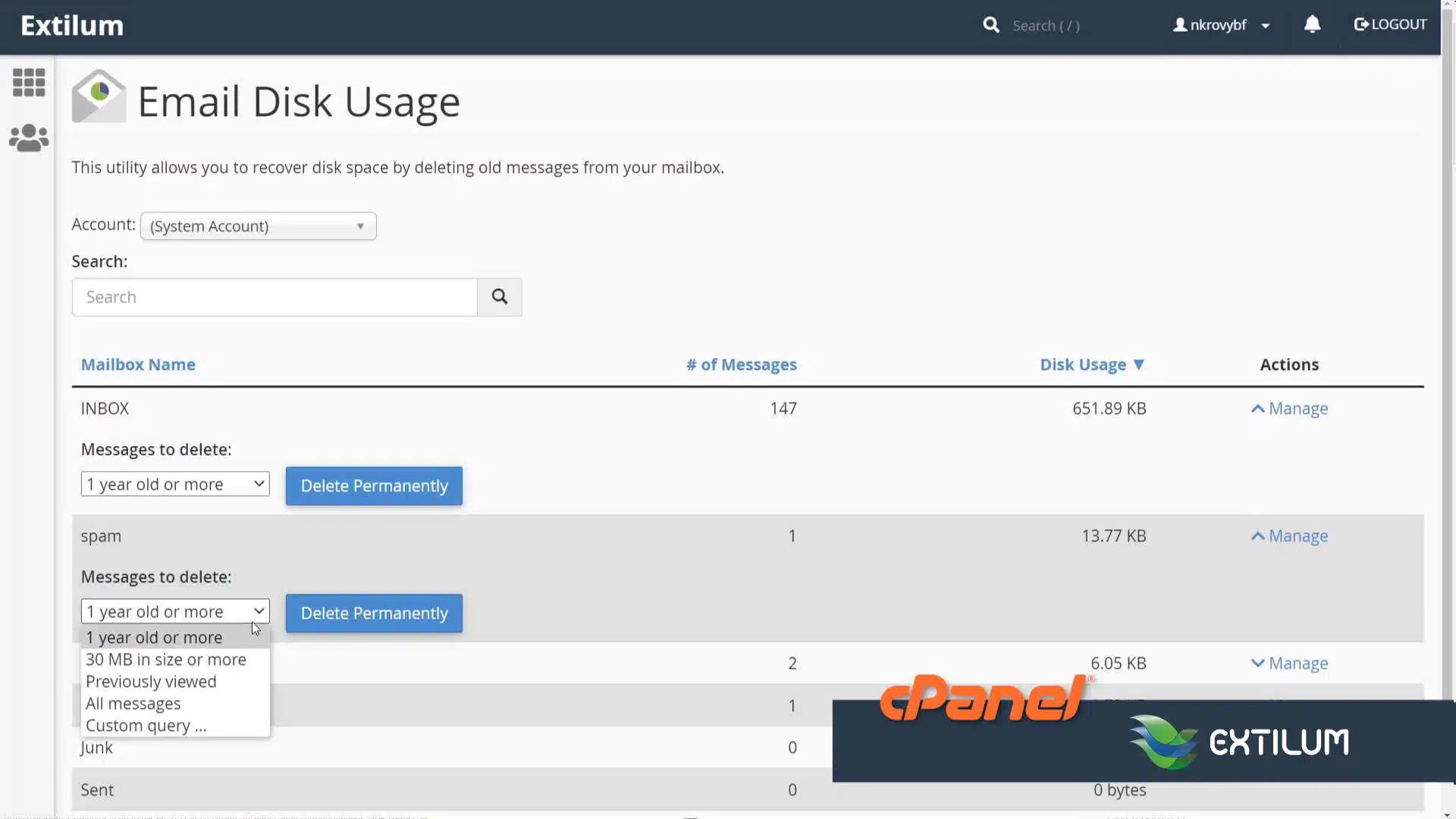 Extilum cPanel - Email Disk Usage