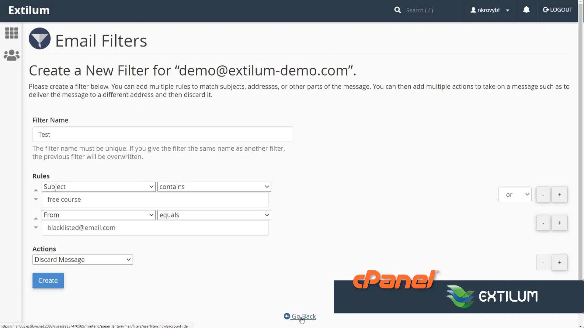 Extilum cPanel - Email filters