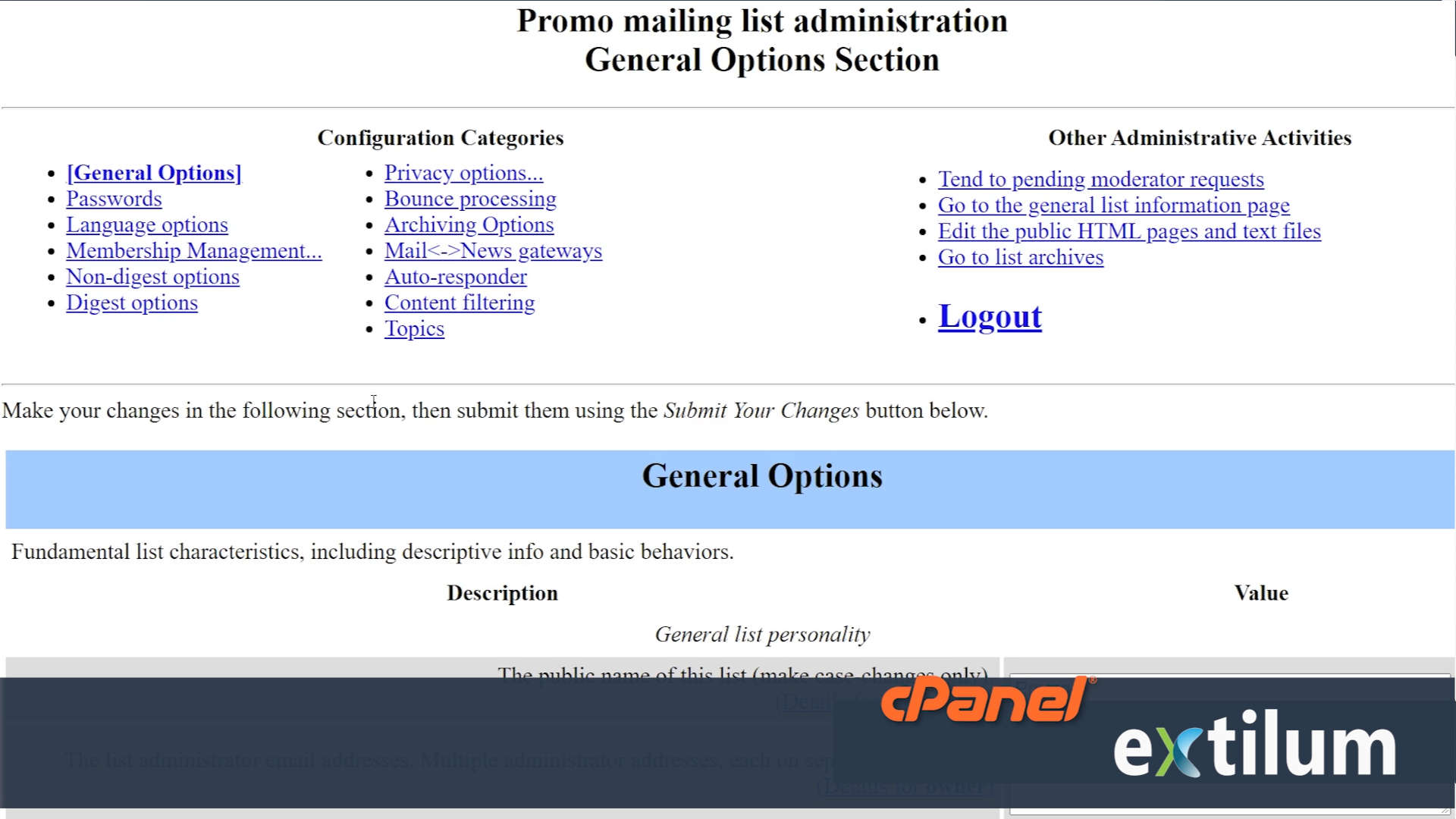 Extilum cPanel - Manage Mailing Lists