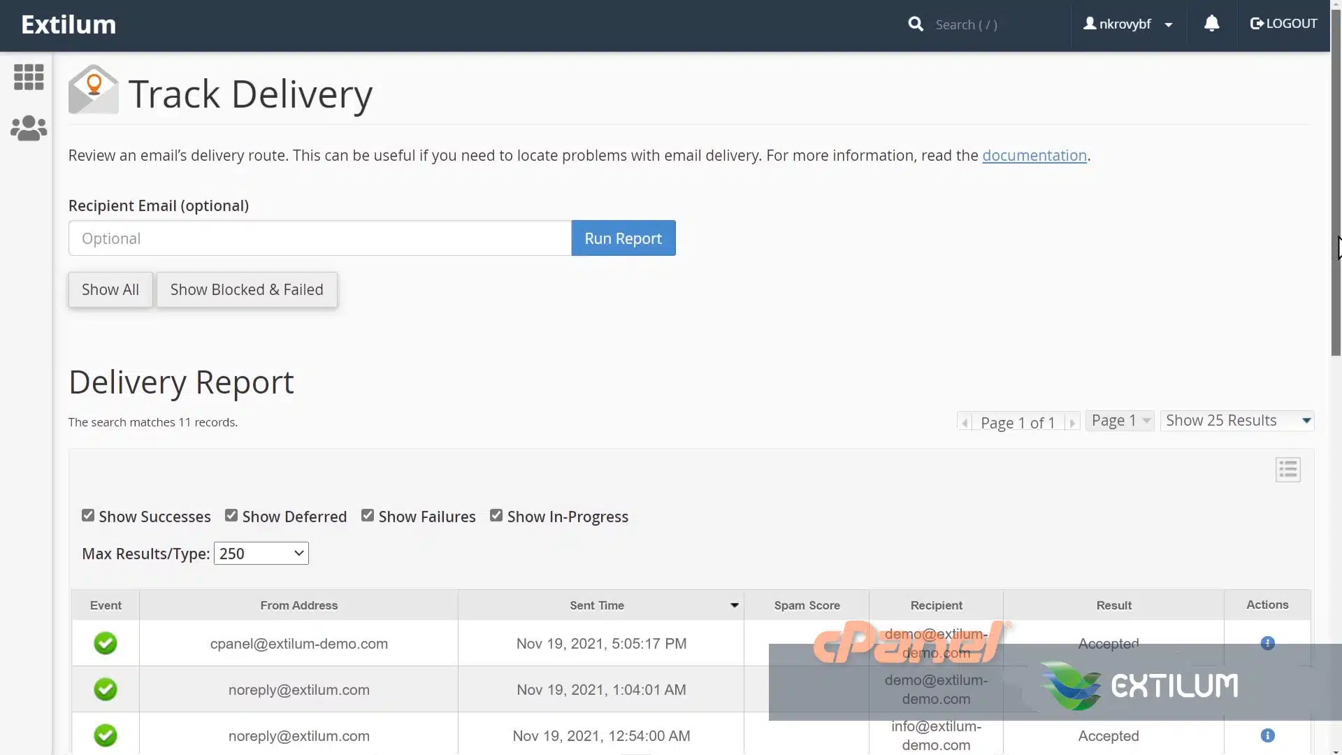 Extilum cPanel - Email - Track Delivery